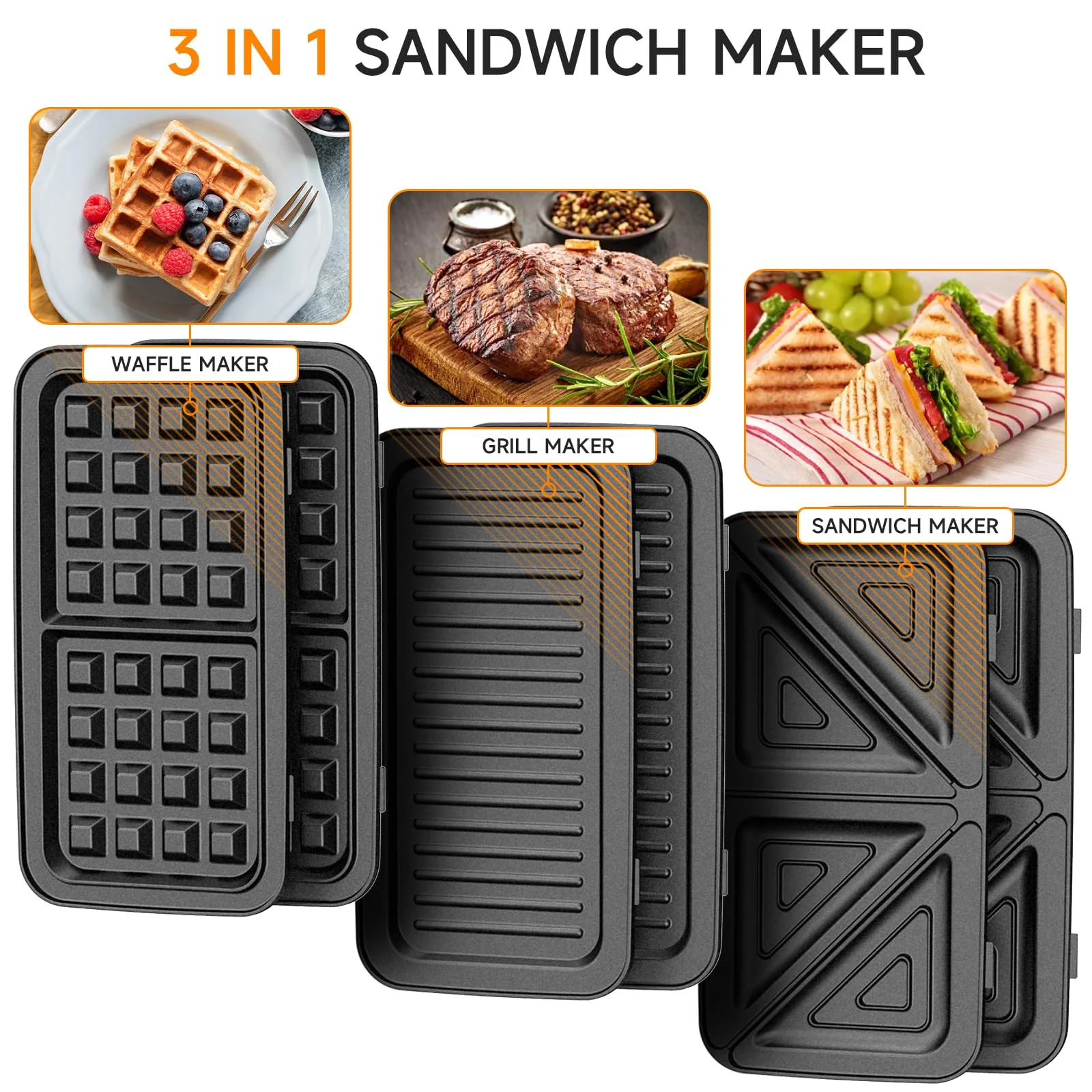 Sandwichmaker 3 IN 1, 1200W & 5-Gang-Temperaturregelung Waffeleisen, Sandwichtoaster, Kontaktgrill mit 3 Antihaftplatten für Sandwich, Waffeln, Fleisch, LED-Leuchten, Cool-Touch-Griff - Image 6