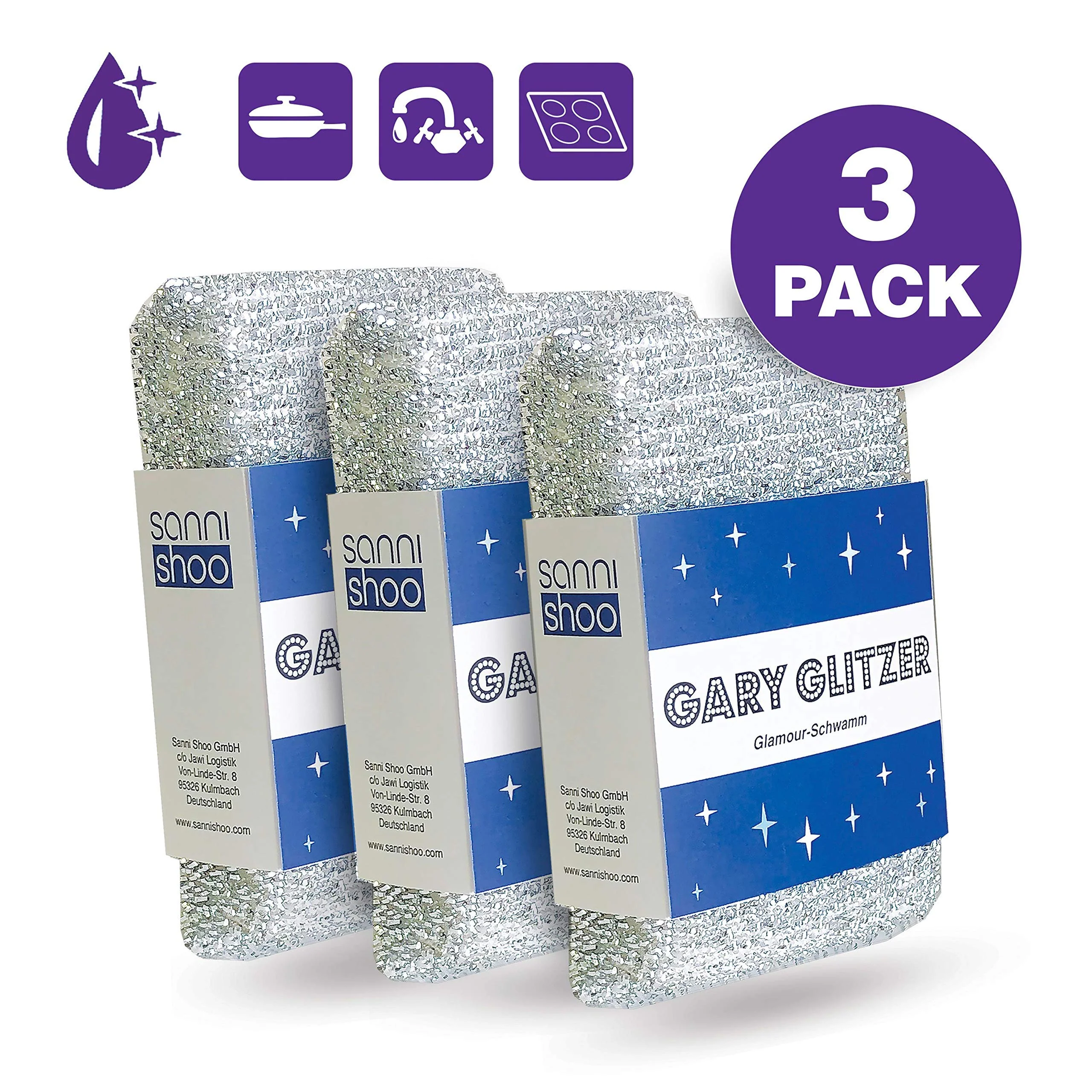 Sanni Shoo Gary Glitzer, 3-er Set. Wunderschwamm, Lurex Putz Schwamm, Glänzerkissen, Reinigungsschwamm, Topfreiniger, Topfschwamm, Anti-Kratz-Schwamm, Pfannenschwamm, Scheuer- & Putzschwamm - Image 2