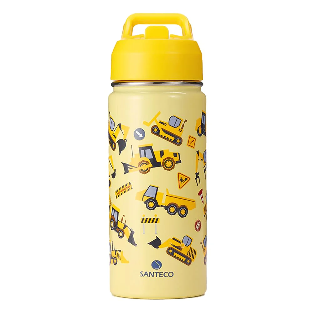 SANTECO Trinkflasche Kinder Edelstahl 500ml mit Strohhalm, Kinder Thermosflasche BPA-frei Wasserflasche Einfach zu Säubern, Thermoskanne Jungen Mädchen für Kindergarten Schule - Traktor