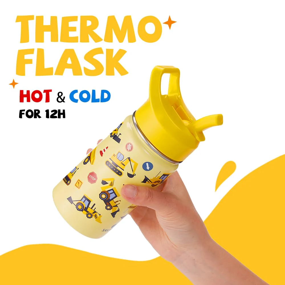 SANTECO Trinkflasche Kinder Edelstahl 500ml mit Strohhalm, Kinder Thermosflasche BPA-frei Wasserflasche Einfach zu Säubern, Thermoskanne Jungen Mädchen für Kindergarten Schule - Traktor - Image 8
