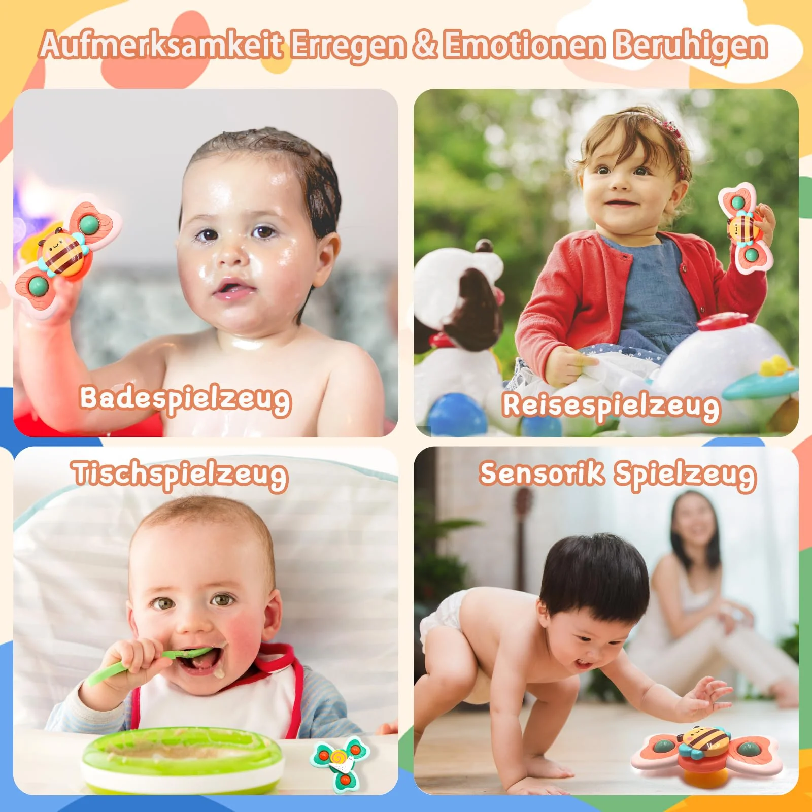 Saugnapf Spielzeug Baby, 3 Stück Baby Spielzeug ab 3 Monate, Sicheres Badewannenspielzeug Baby, Reisespielzeug, Sensorik Spielzeug Baby, Spinner mit Saugnapf, Tischspielzeug Baby Saugnapf - Image 2