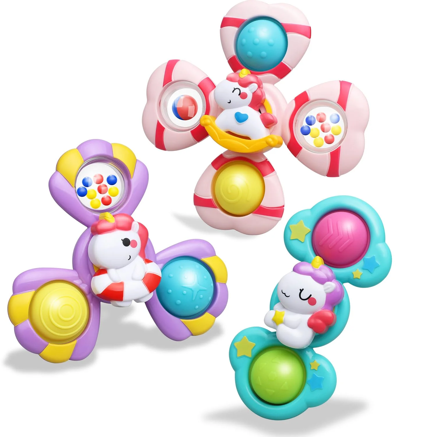 Saugnapf Spielzeug Baby - Einhorn Spinner Baby ab 3 Monate Badewannenspielzeug mit Rotierende Glocke Reisespielzeug Sensorik Spinner lindert Angstzustände Taufgeschenk Jouets de bain rotatifs 1-3