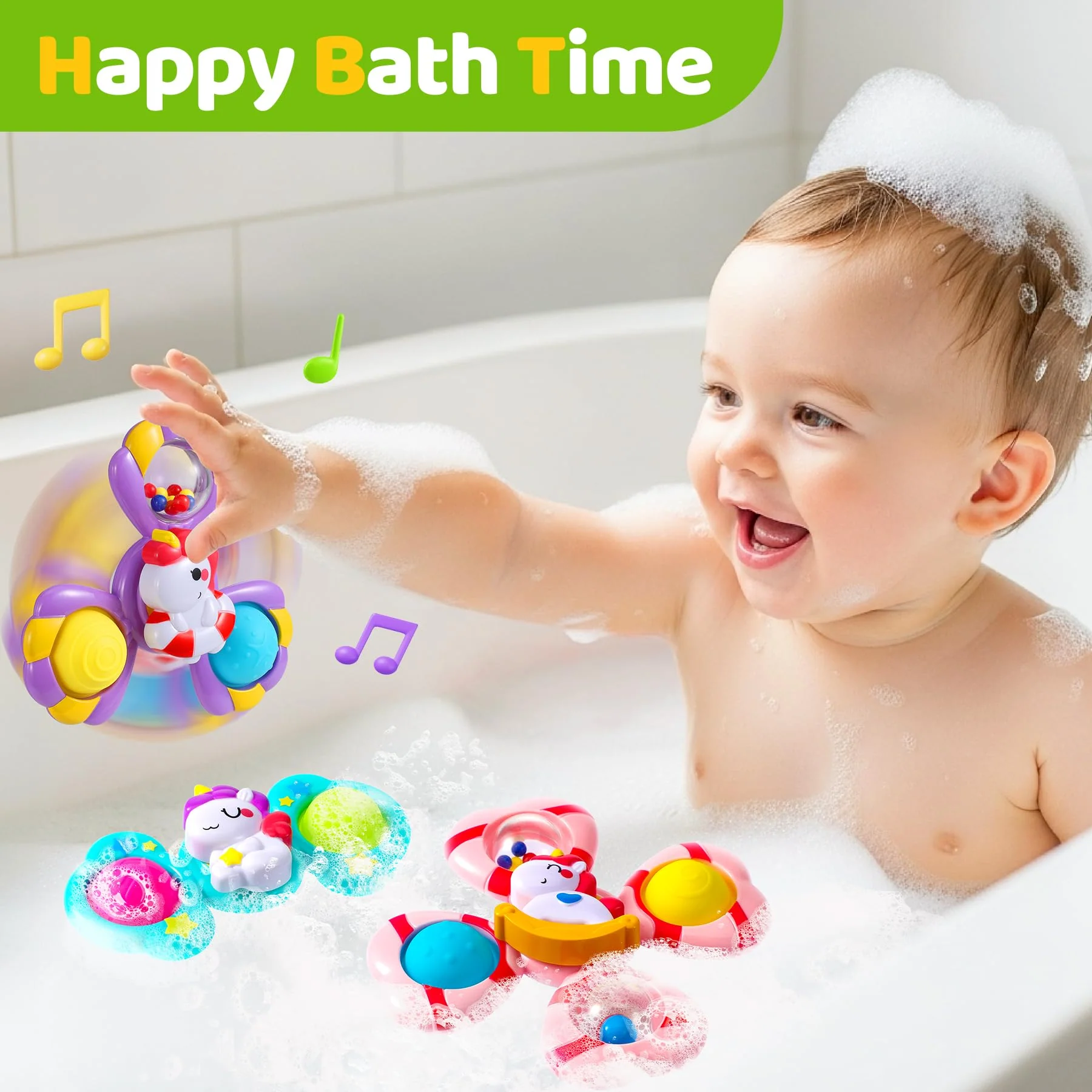 Saugnapf Spielzeug Baby - Einhorn Spinner Baby ab 3 Monate Badewannenspielzeug mit Rotierende Glocke Reisespielzeug Sensorik Spinner lindert Angstzustände Taufgeschenk Jouets de bain rotatifs 1-3 - Image 3