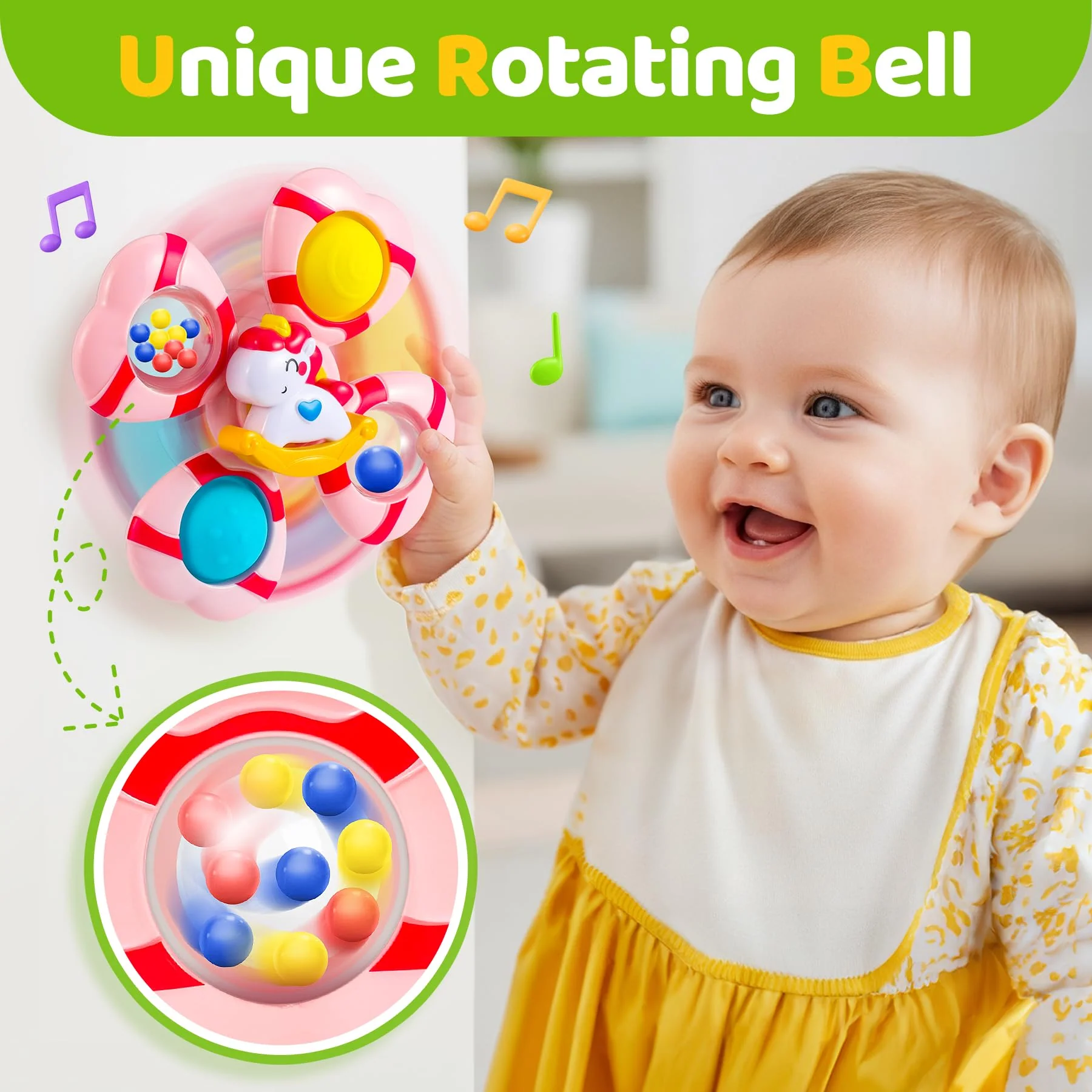 Saugnapf Spielzeug Baby - Einhorn Spinner Baby ab 3 Monate Badewannenspielzeug mit Rotierende Glocke Reisespielzeug Sensorik Spinner lindert Angstzustände Taufgeschenk Jouets de bain rotatifs 1-3 - Image 6