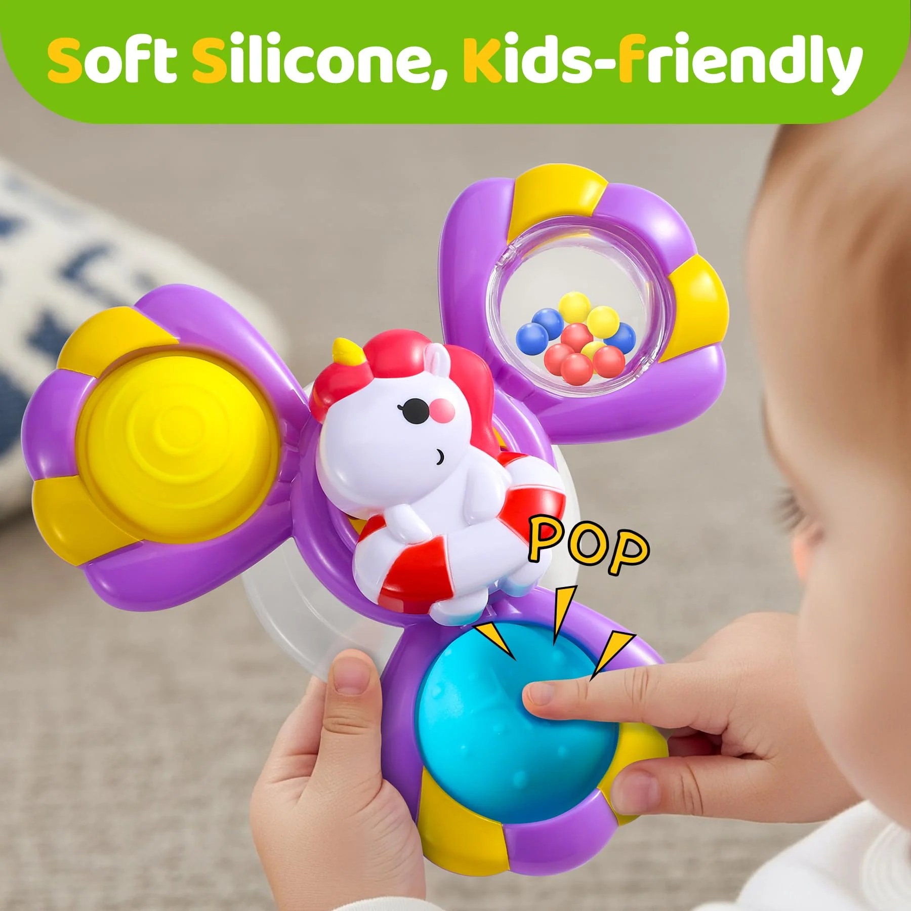 Saugnapf Spielzeug Baby - Einhorn Spinner Baby ab 3 Monate Badewannenspielzeug mit Rotierende Glocke Reisespielzeug Sensorik Spinner lindert Angstzustände Taufgeschenk Jouets de bain rotatifs 1-3 - Image 8