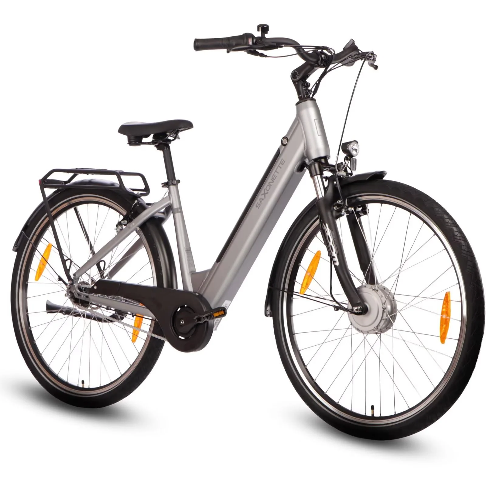 SAXONETTE E Bike Damen 28 Zoll mit Rücktrittbremse und nabenschaltung, Elektro Fahrrad Erwachsene mit 36V 13Ah BMS Akku, 7 Gang Pedelec mit Federgabel, Ebikes mit Gepäckträger für Damen und Herren