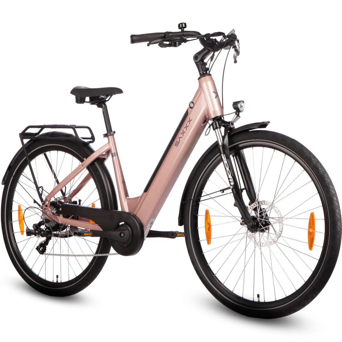 SAXXX E Bike Damen 28 Zoll Tiefeinsteiger mit 36V 13Ah Akku, Elektro Fahrrad Erwachsene mit Scheibenbremse, 7 Gang Kettenschaltung Pedelec mit Federgabel, Ebikes mit Gepäckträger für Damen/Frauen