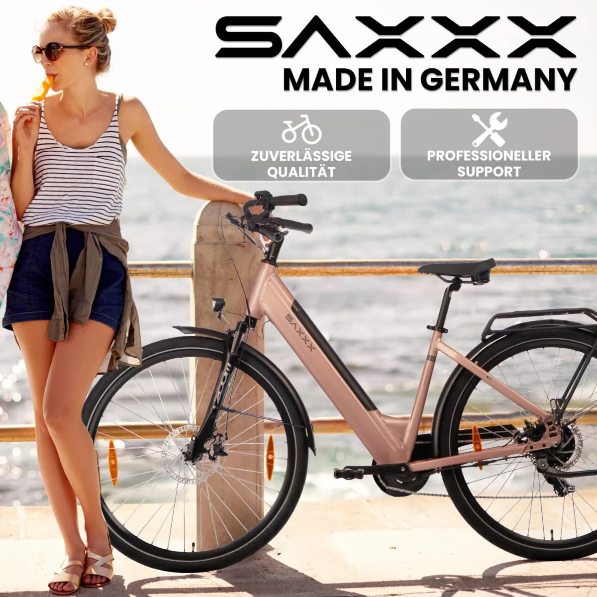 SAXXX E Bike Damen 28 Zoll Tiefeinsteiger mit 36V 13Ah Akku, Elektro Fahrrad Erwachsene mit Scheibenbremse, 7 Gang Kettenschaltung Pedelec mit Federgabel, Ebikes mit Gepäckträger für Damen/Frauen - Image 5