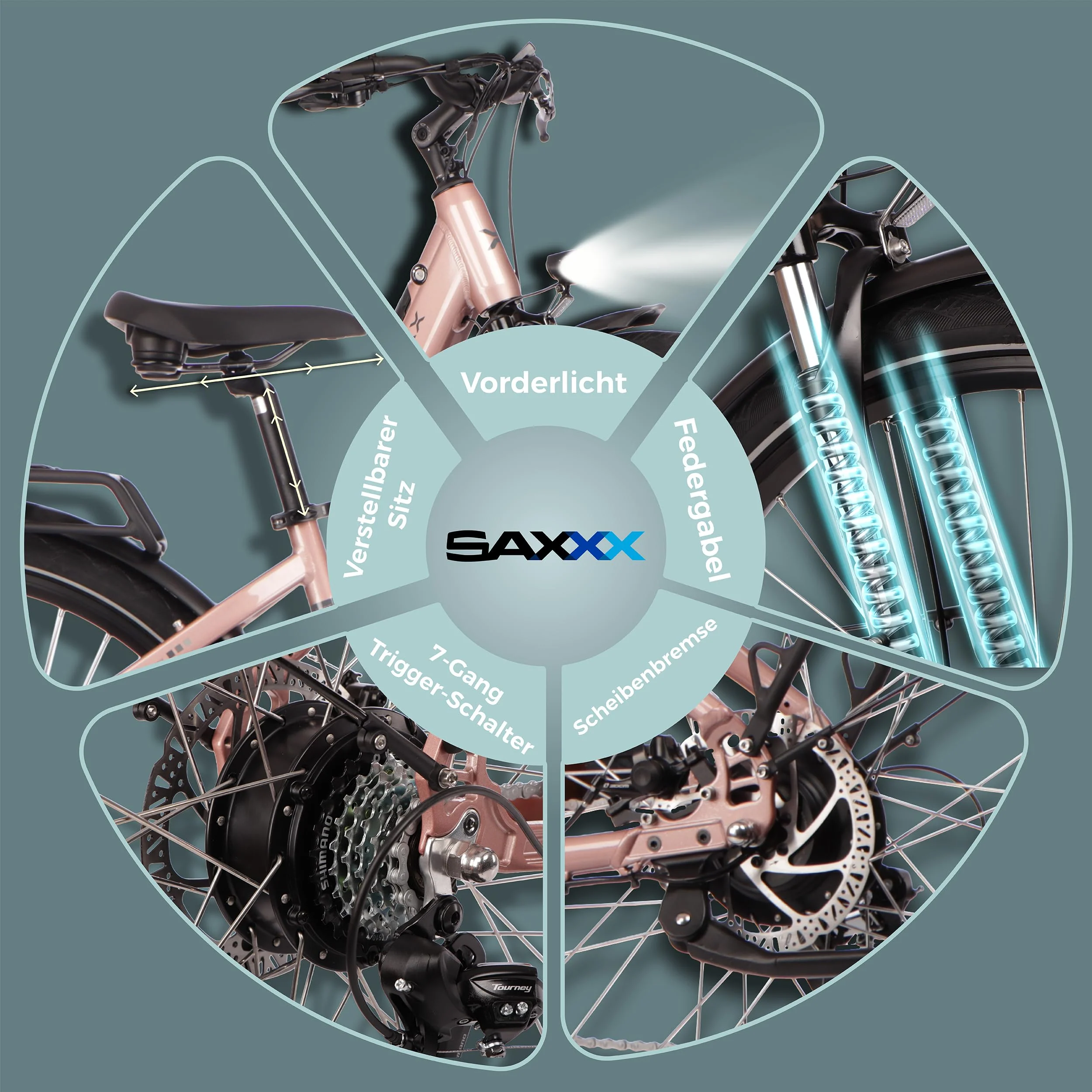 SAXXX E Bike Damen 28 Zoll Tiefeinsteiger mit 36V 13Ah Akku, Elektro Fahrrad Erwachsene mit Scheibenbremse, 7 Gang Kettenschaltung Pedelec mit Federgabel, Ebikes mit Gepäckträger für Damen/Frauen - Image 7