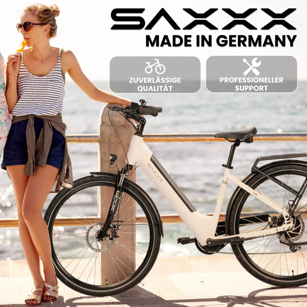 SAXXX E Bike Damen 28 Zoll Tiefeinsteiger mit 36V 13Ah Akku, Elektro Fahrrad Erwachsene mit Scheibenbremse, 7 Gang Kettenschaltung Pedelec mit Federgabel, Gepäckträger für Damen/Frauen Herren/Männer - Image 5