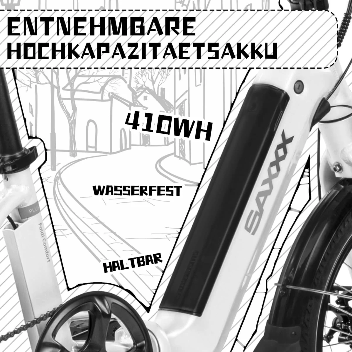 SAXXX E Bike Klapprad 20 Zoll mit 36V 11.4Ah Akku, E Fahrrad Herren mit 7 Gang Kettenschaltung, Elektro Klapprad mit Scheibenbremsen 90KM Lange Range, Elektrofahrrad Pedelec 25 km/h für Herren Damen - Image 8