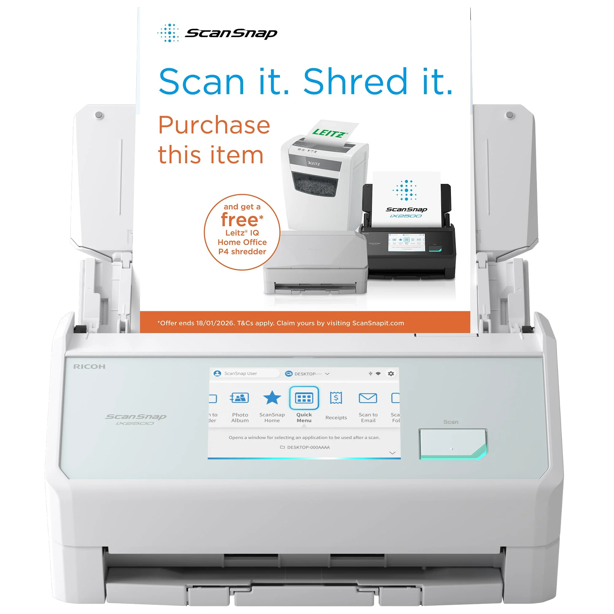ScanSnap iX2500 Weiß – Ultraschneller Duplex-Scanner mit 45 S./Min., 100-Blatt-ADF, 600 DPI, 5″ Touchscreen, WLAN/Bluetooth/USB-Konnektivität