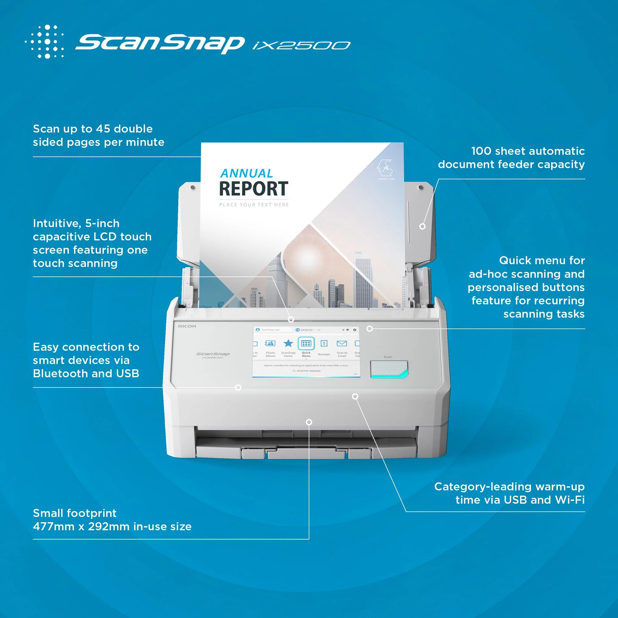 ScanSnap iX2500 Weiß – Ultraschneller Duplex-Scanner mit 45 S./Min., 100-Blatt-ADF, 600 DPI, 5″ Touchscreen, WLAN/Bluetooth/USB-Konnektivität - Image 6