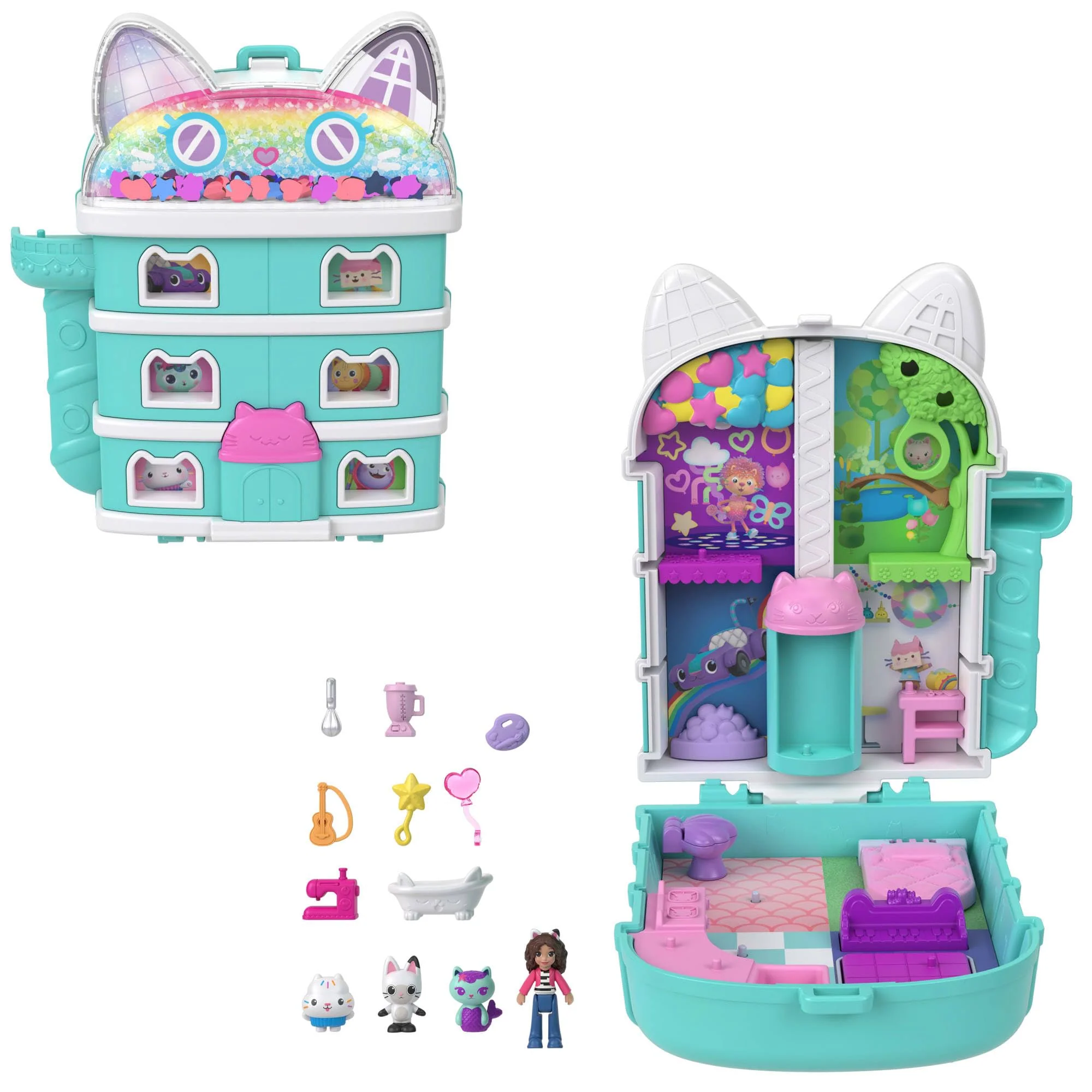 Schatulle von Polly Pocket x Gabby’s Dollhouse, Minipuppen und Spielset, 9 passende Zubehörteile, Tierfreunde Pandy Paws, Cakey, und Mercat, JFV02