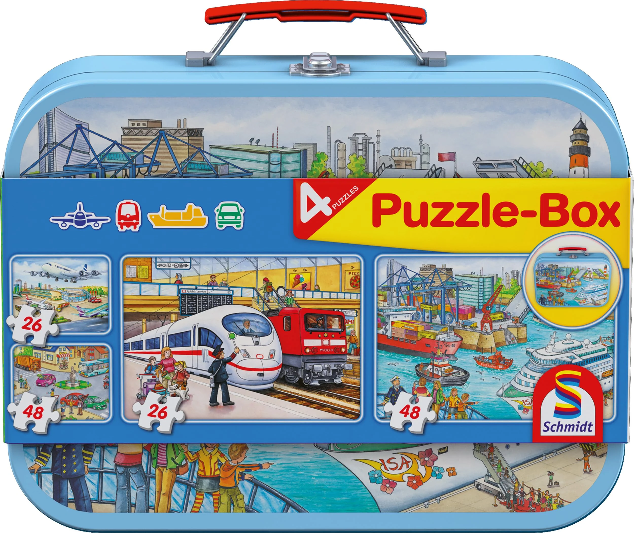 Schmidt Spiele 56508 Verkehrsmittel, 4 Kinderpuzzle im Metallkoffer, 2x26 und 2x48 Teile