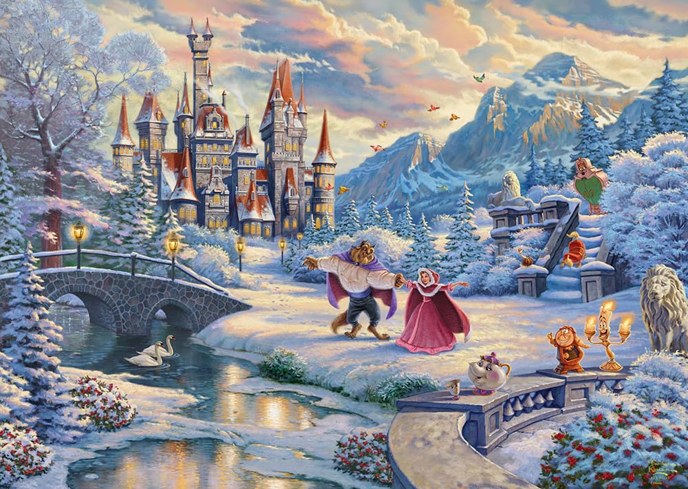 Schmidt Spiele 59671 Thomas Kinkade, Disney, Die Schöne und das Biest, Zauberhafter Winterabend, 1000 Teile Puzzle