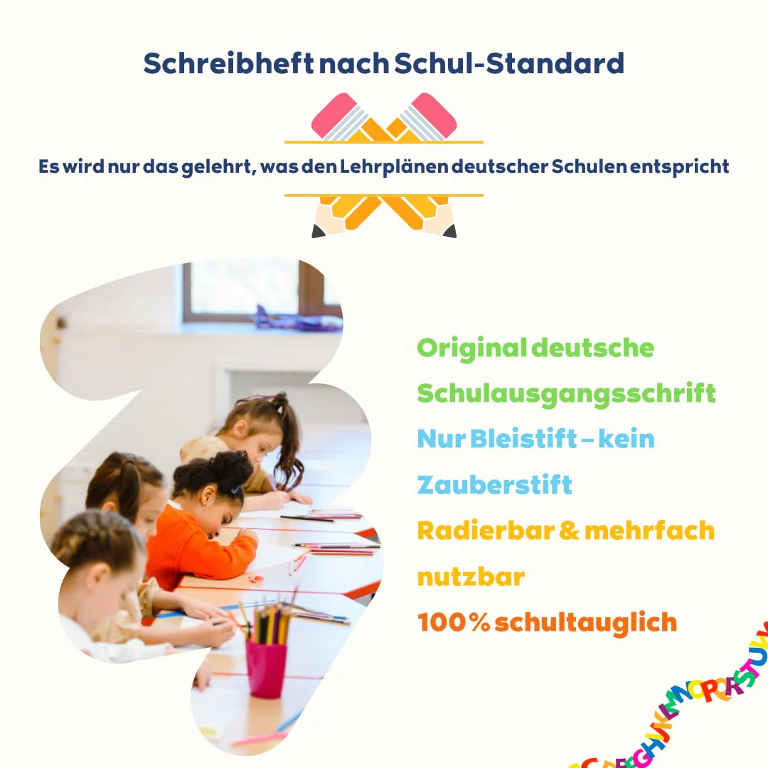 Schreibathlet Schreiblernheft für ABC-Schützen mit vorgeprägten Buchstaben zum Erlenen der Schreibschrift in vereinfachter Ausgangsschrift (VA), Schulkonform & mehrfach nutzbar - Image 2