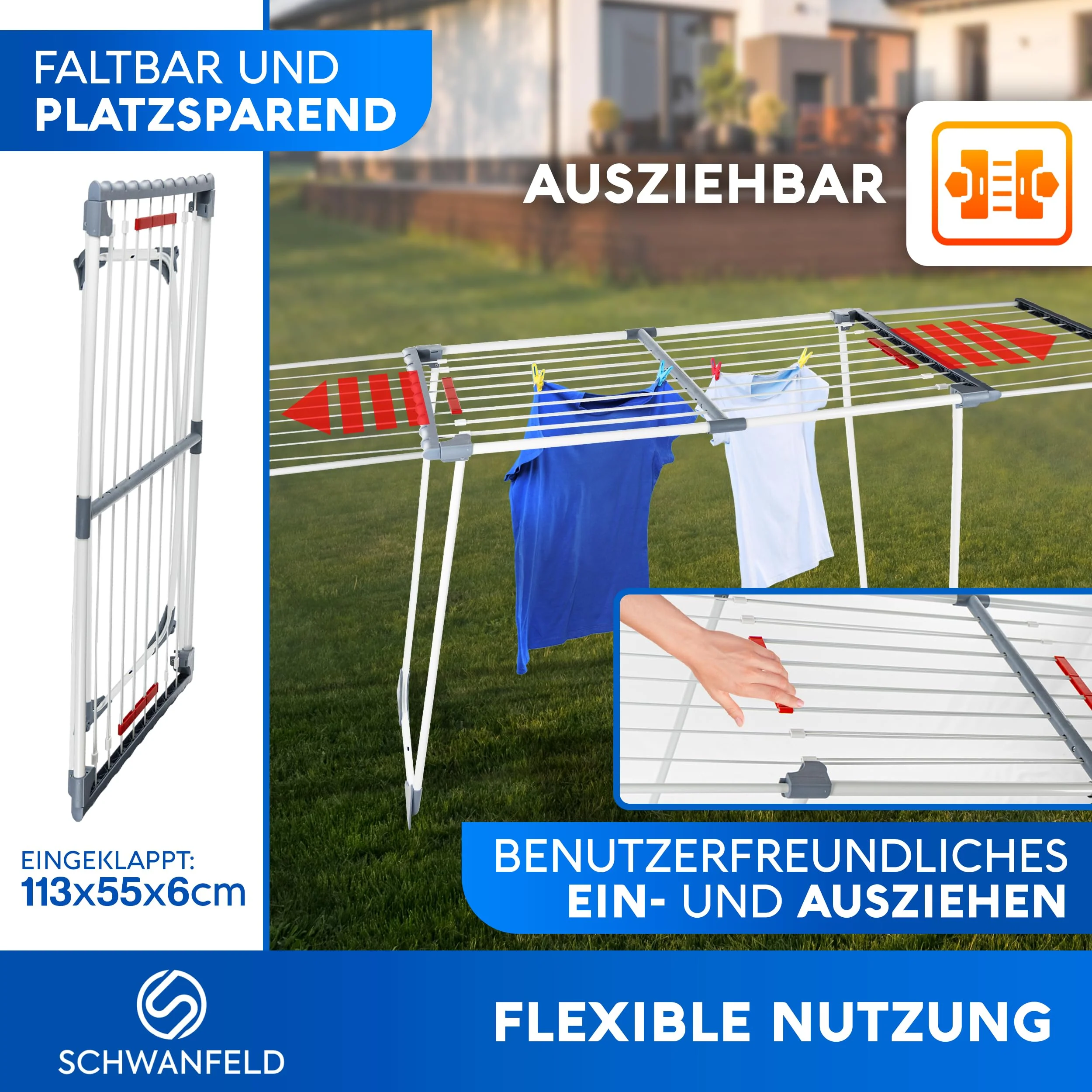 SCHWANFELD® Wäscheständer ausziehbar [20M TROCKENLÄNGE] - Wäscheständer hoch - Premium Wäschetrockner Ständer - Faltbarer Wäscheständer XXL - ausziehbarer Wäscheständer - Standtrockner rutschfest - Image 3