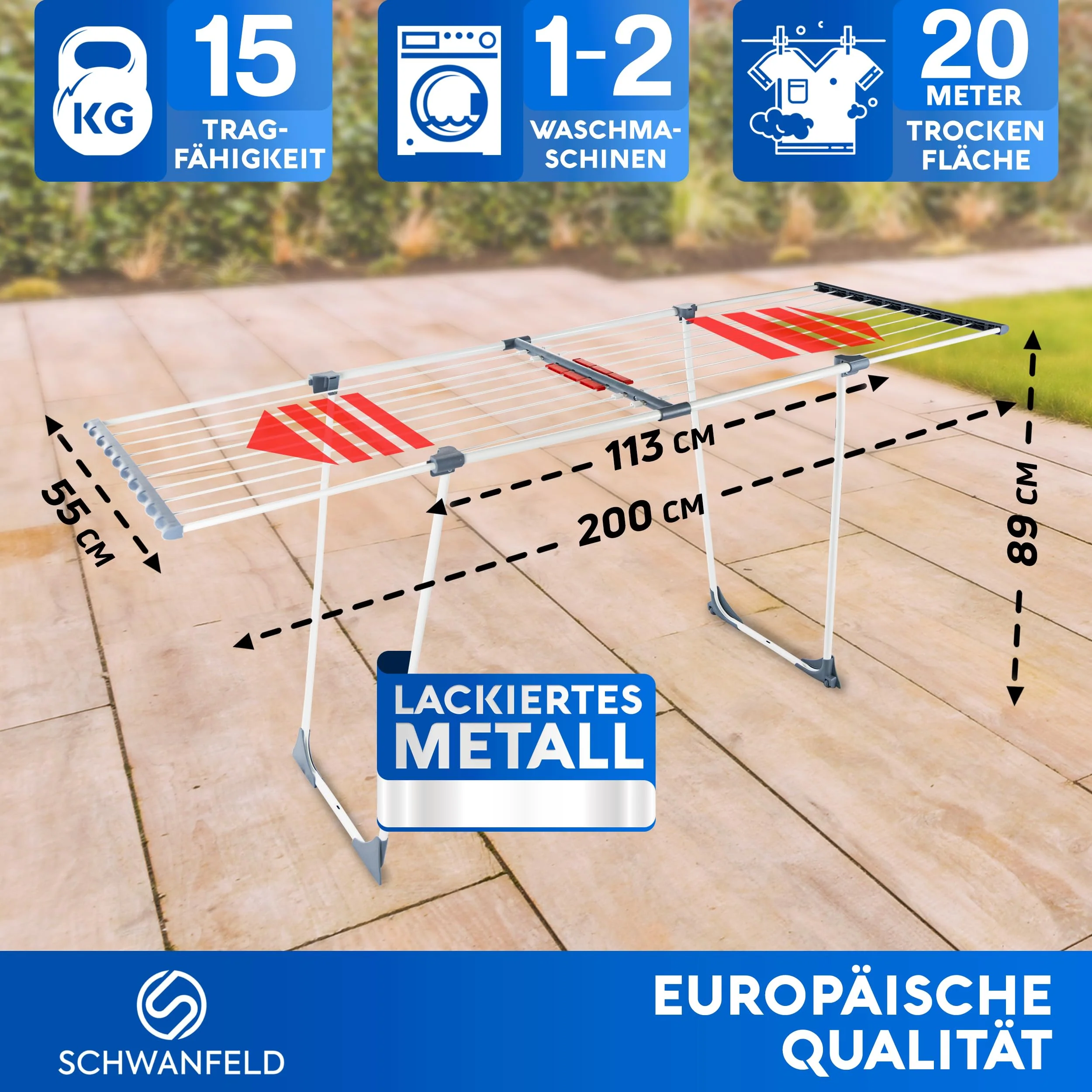 SCHWANFELD® Wäscheständer ausziehbar [20M TROCKENLÄNGE] - Wäscheständer hoch - Premium Wäschetrockner Ständer - Faltbarer Wäscheständer XXL - ausziehbarer Wäscheständer - Standtrockner rutschfest - Image 4