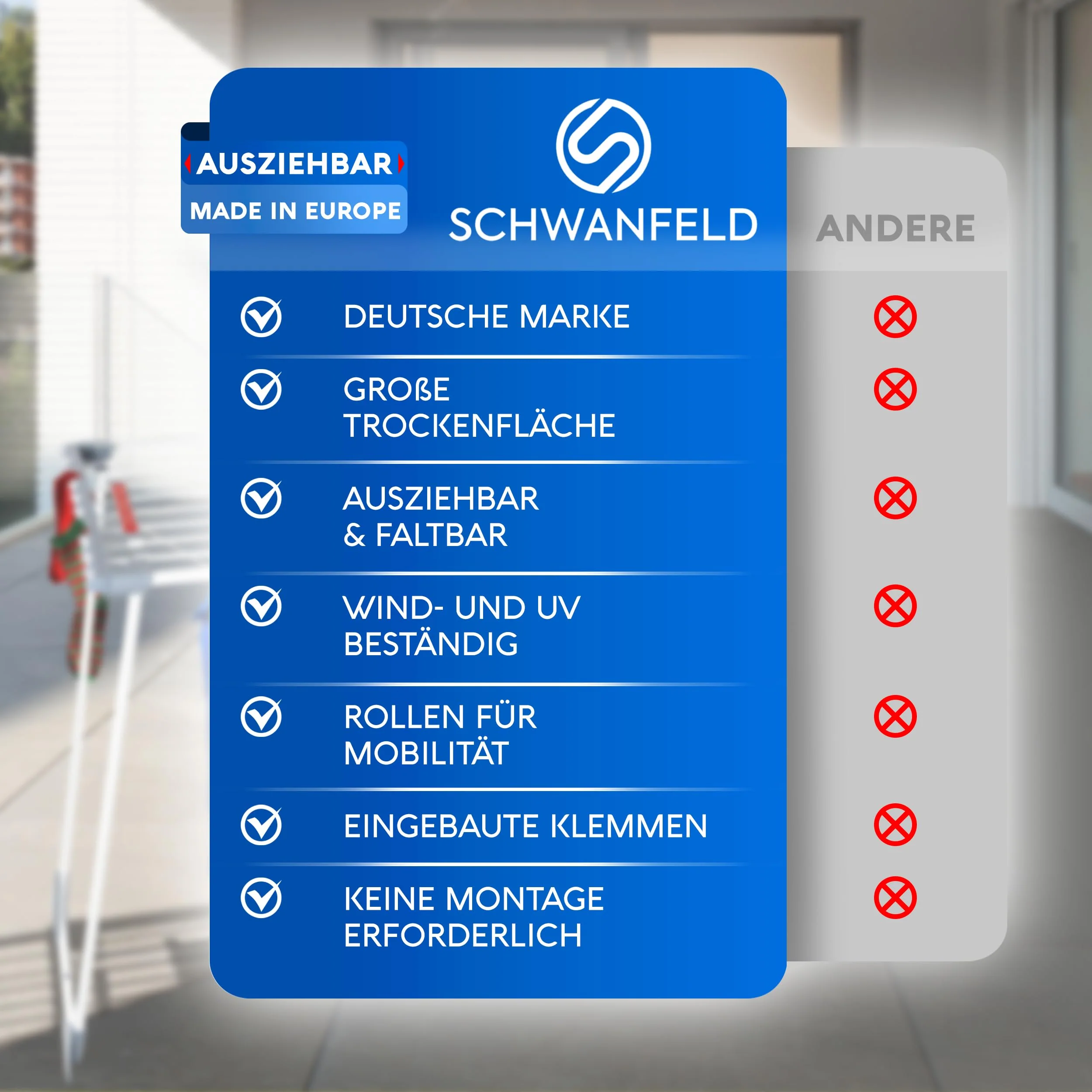 SCHWANFELD® Wäscheständer ausziehbar [20M TROCKENLÄNGE] - Wäscheständer hoch - Premium Wäschetrockner Ständer - Faltbarer Wäscheständer XXL - ausziehbarer Wäscheständer - Standtrockner rutschfest - Image 5
