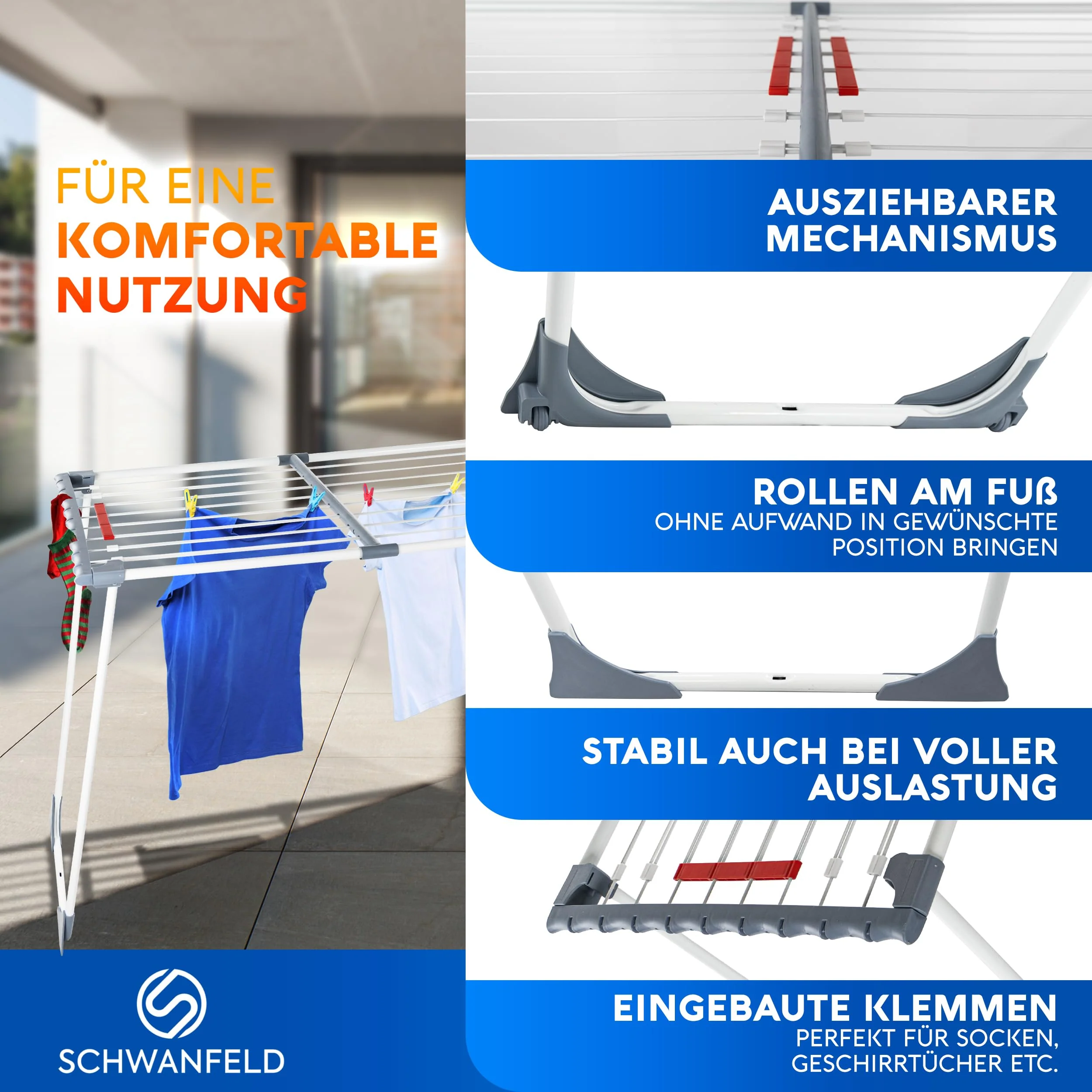 SCHWANFELD® Wäscheständer ausziehbar [20M TROCKENLÄNGE] - Wäscheständer hoch - Premium Wäschetrockner Ständer - Faltbarer Wäscheständer XXL - ausziehbarer Wäscheständer - Standtrockner rutschfest - Image 7