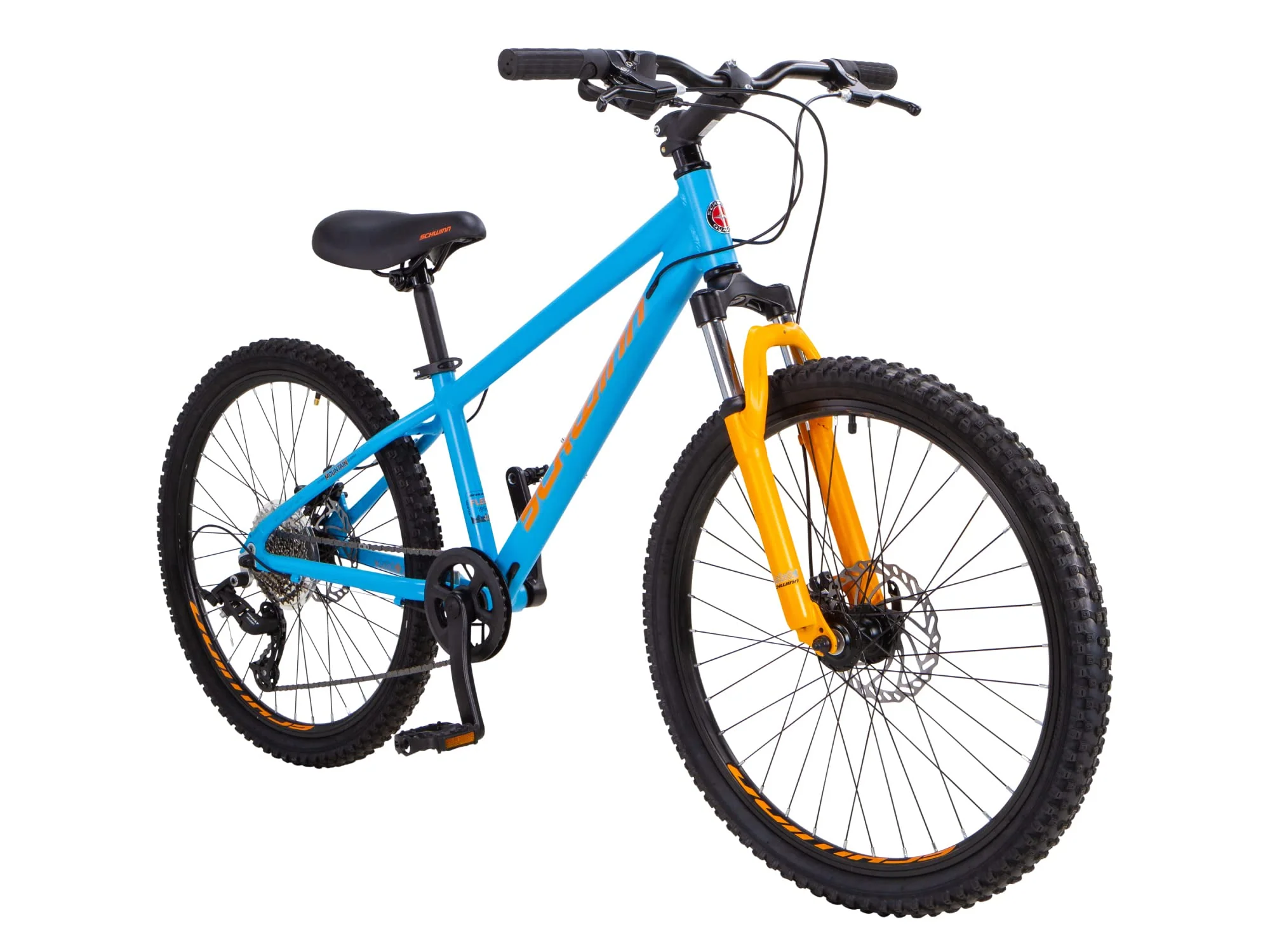 Schwinn Fleet Mountainbike für Jungen, 24-Zoll-Reifen, 12-Zoll-Rahmen aus Leichtmetalllegierung, Gabelfederung, 9 Gänge, Scheibenbremsen, Orange/Blau
