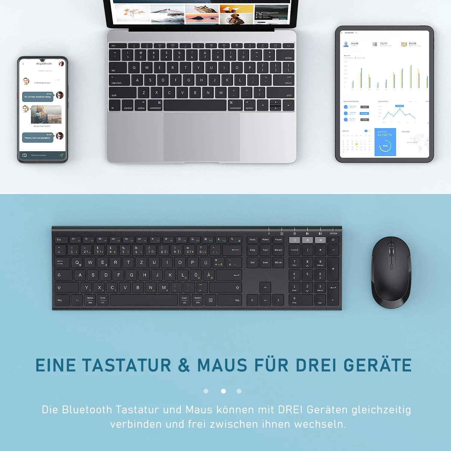 seenda Bluetooth Tastatur mit Maus Kabellos, Dual Bluetooth & 2.4G USB-Stick Tastatur Maus Set Kabellos, Wiederaufladbare Funktastatur Maus mit DE Layout für Mac/Windows/Android - Schwarz - Image 3
