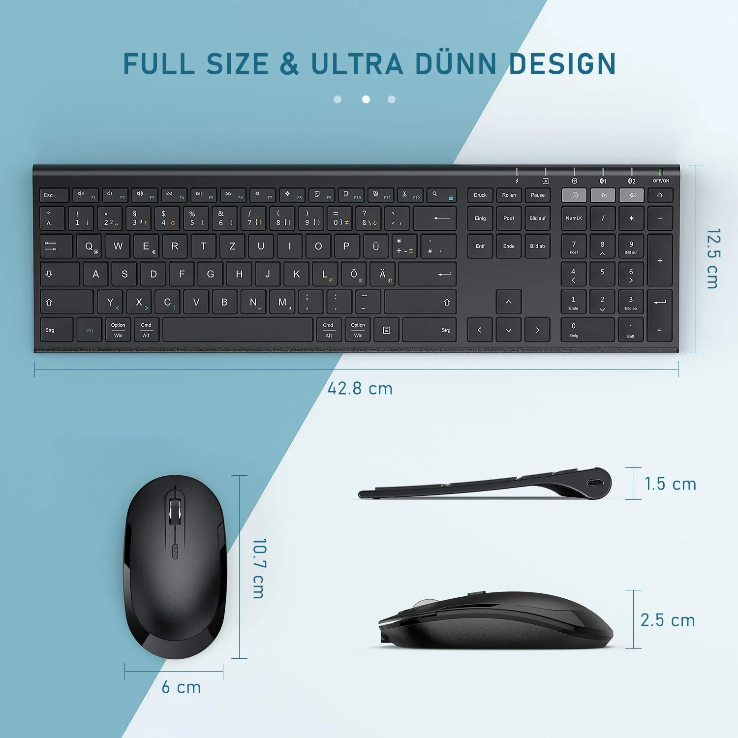 seenda Bluetooth Tastatur mit Maus Kabellos, Dual Bluetooth & 2.4G USB-Stick Tastatur Maus Set Kabellos, Wiederaufladbare Funktastatur Maus mit DE Layout für Mac/Windows/Android - Schwarz - Image 5