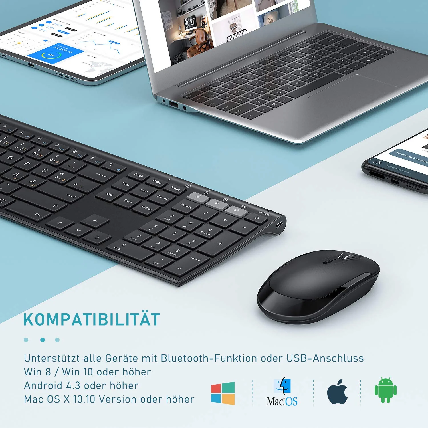 seenda Bluetooth Tastatur mit Maus Kabellos, Dual Bluetooth & 2.4G USB-Stick Tastatur Maus Set Kabellos, Wiederaufladbare Funktastatur Maus mit DE Layout für Mac/Windows/Android - Schwarz - Image 7