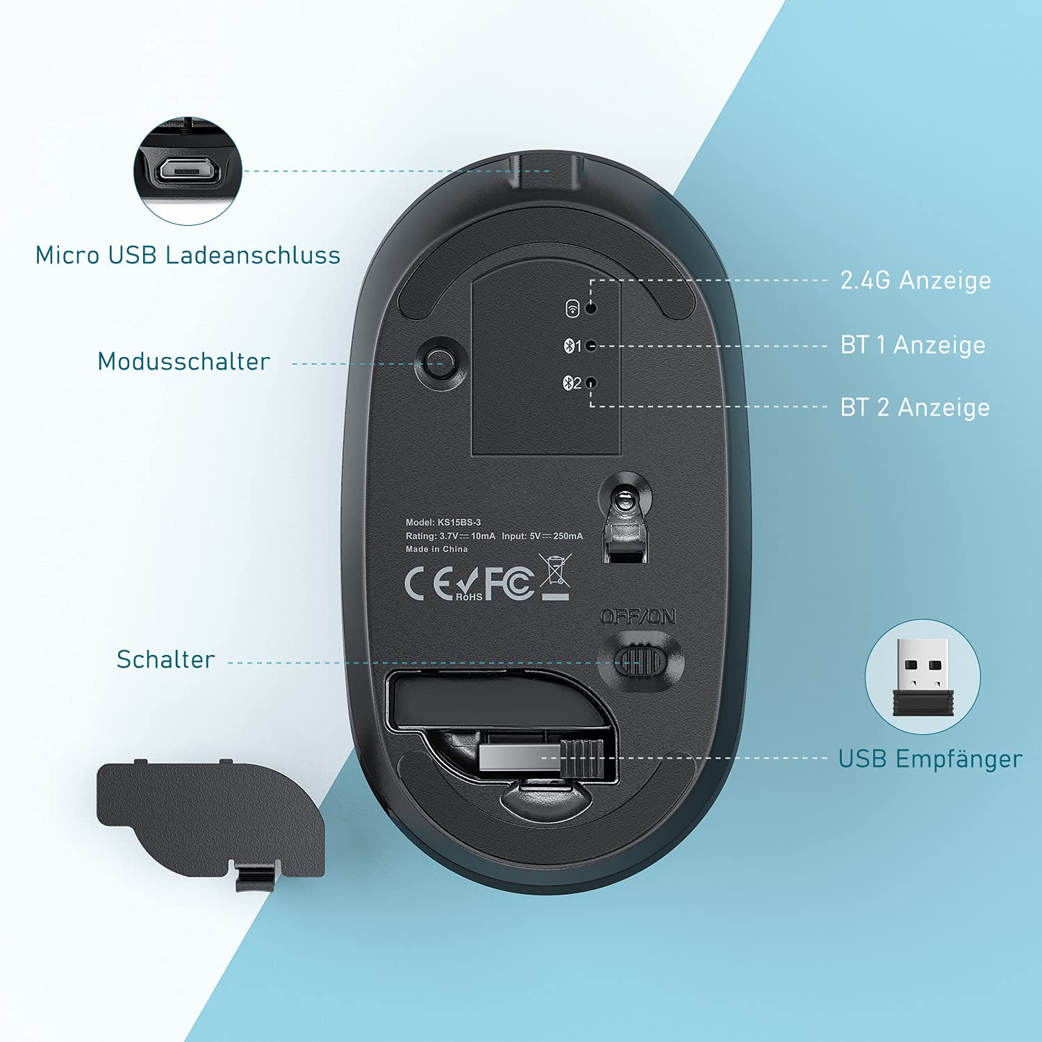 seenda Bluetooth Tastatur mit Maus Kabellos, Dual Bluetooth & 2.4G USB-Stick Tastatur Maus Set Kabellos, Wiederaufladbare Funktastatur Maus mit DE Layout für Mac/Windows/Android - Schwarz&Grau - Image 2