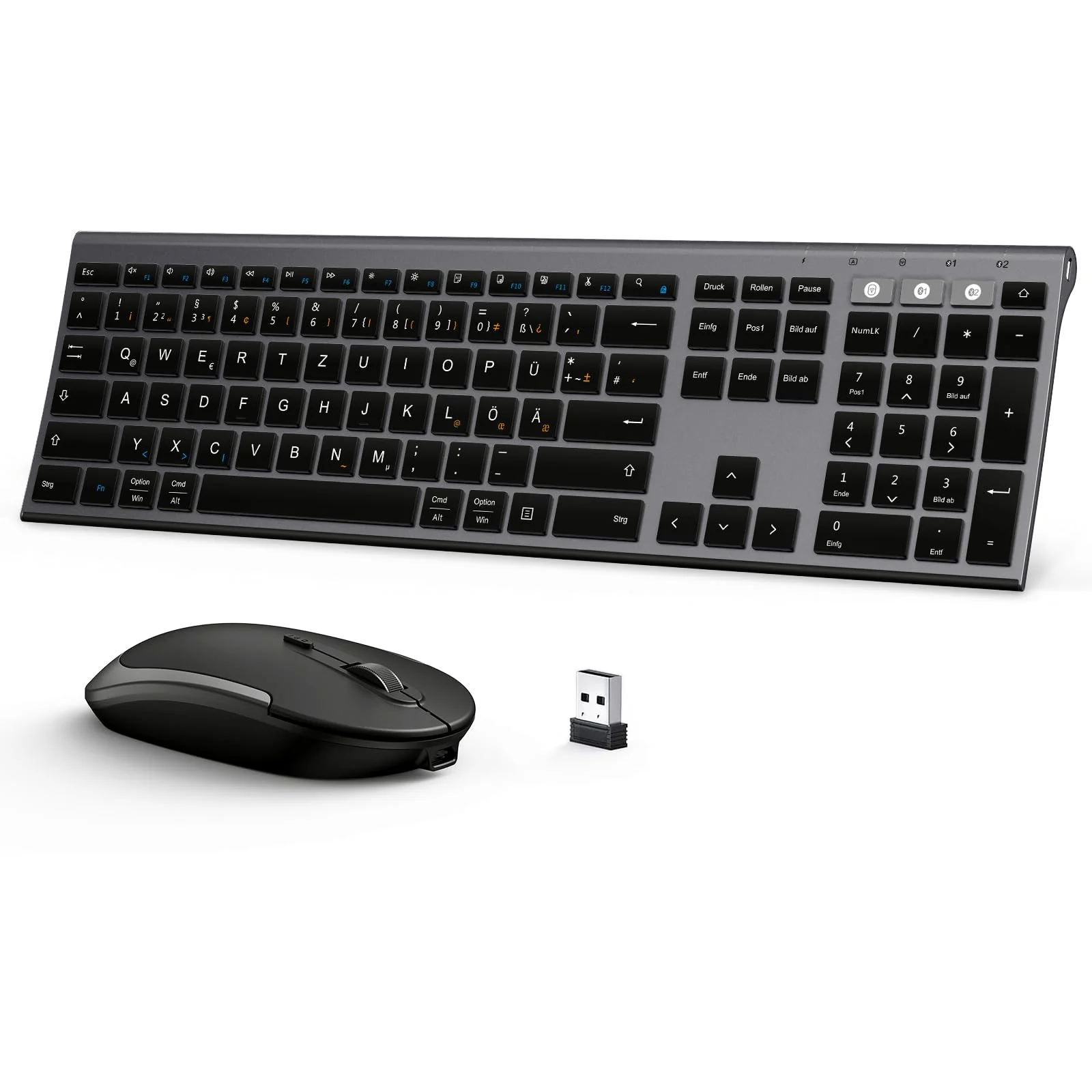 seenda Bluetooth Tastatur mit Maus Kabellos, Dual Bluetooth & 2.4G USB-Stick Tastatur Maus Set Kabellos, Wiederaufladbare Funktastatur Maus mit DE Layout für Mac/Windows/Android - Schwarz&Grau - Image 6