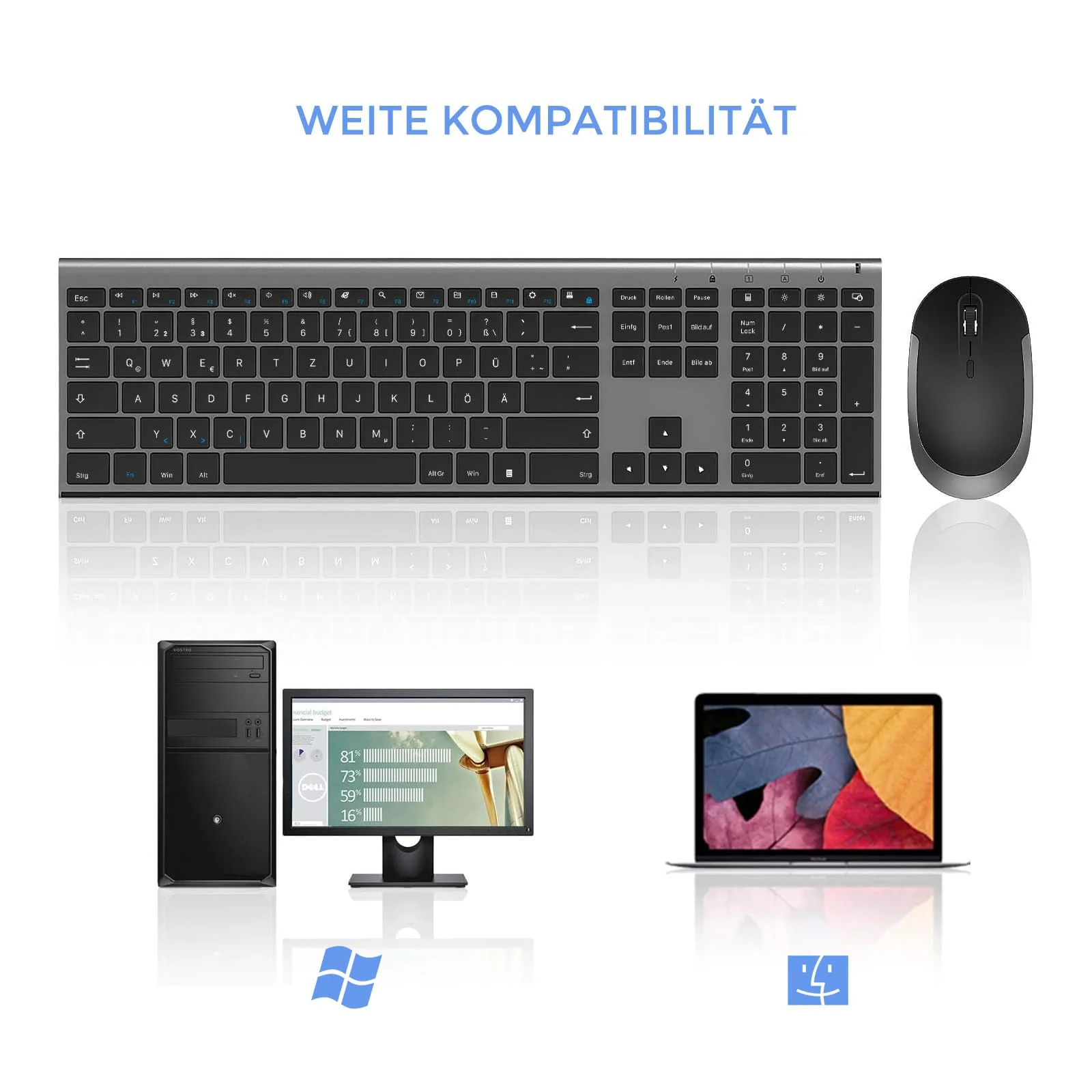 seenda Funktastatur mit Maus, Wiederaufladbare Tastatur Maus Set kabellos für Computer/Laptop, leise klick, Fullsize & QWERTZ Layout(Schwarz & Grau) - Image 8