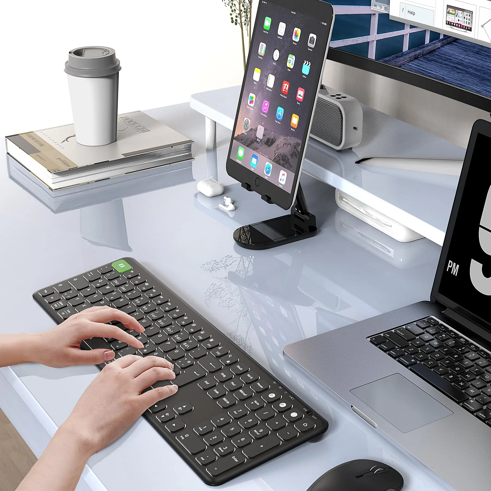 seenda Tastatur kabellos beleuchtet, USB & Bluetooth Tastatur mit 7 Farben Hintergrundbeleuchtung, Wiederaufladbare Leise Funktastatur für PC, Laptop, MacBook,Tablet, QWERTZ Layout(Schwarz) - Image 2