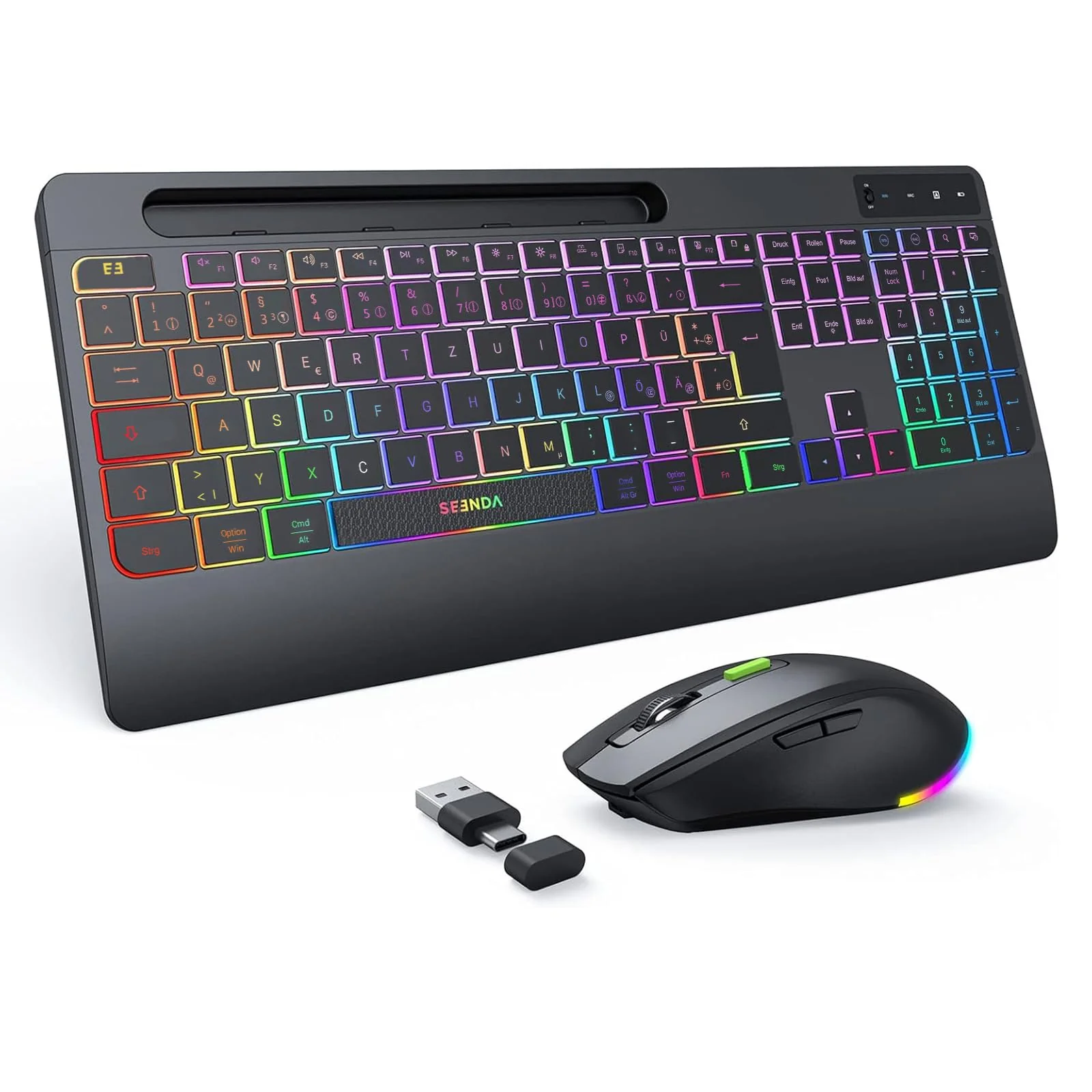 seenda Tastatur Maus Set kabellos beleuchtet, wiederaufladbare USB & Typ C Funktastatur mit Maus mit Handyhalter und Handballenauflage für PC/Windows/Mac, leise Klicken & QWERTZ Layout, Schwarz - Image 2