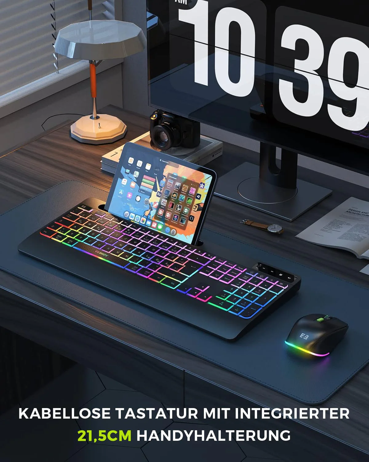 seenda Tastatur Maus Set kabellos beleuchtet, wiederaufladbare USB & Typ C Funktastatur mit Maus mit Handyhalter und Handballenauflage für PC/Windows/Mac, leise Klicken & QWERTZ Layout, Schwarz - Image 3