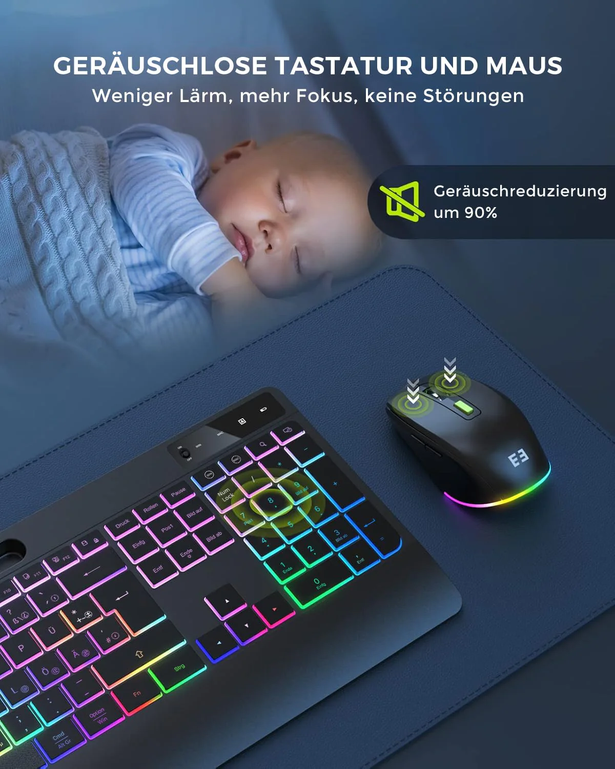 seenda Tastatur Maus Set kabellos beleuchtet, wiederaufladbare USB & Typ C Funktastatur mit Maus mit Handyhalter und Handballenauflage für PC/Windows/Mac, leise Klicken & QWERTZ Layout, Schwarz - Image 4