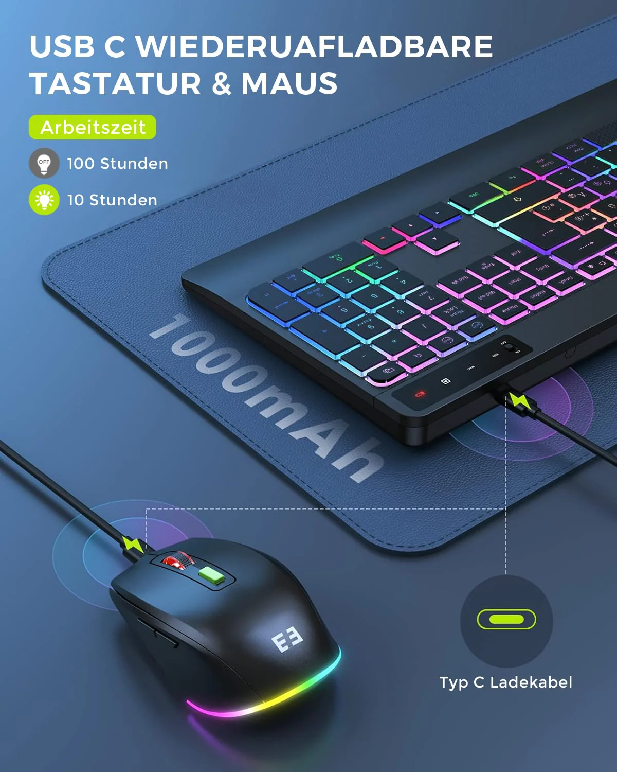 seenda Tastatur Maus Set kabellos beleuchtet, wiederaufladbare USB & Typ C Funktastatur mit Maus mit Handyhalter und Handballenauflage für PC/Windows/Mac, leise Klicken & QWERTZ Layout, Schwarz - Image 5