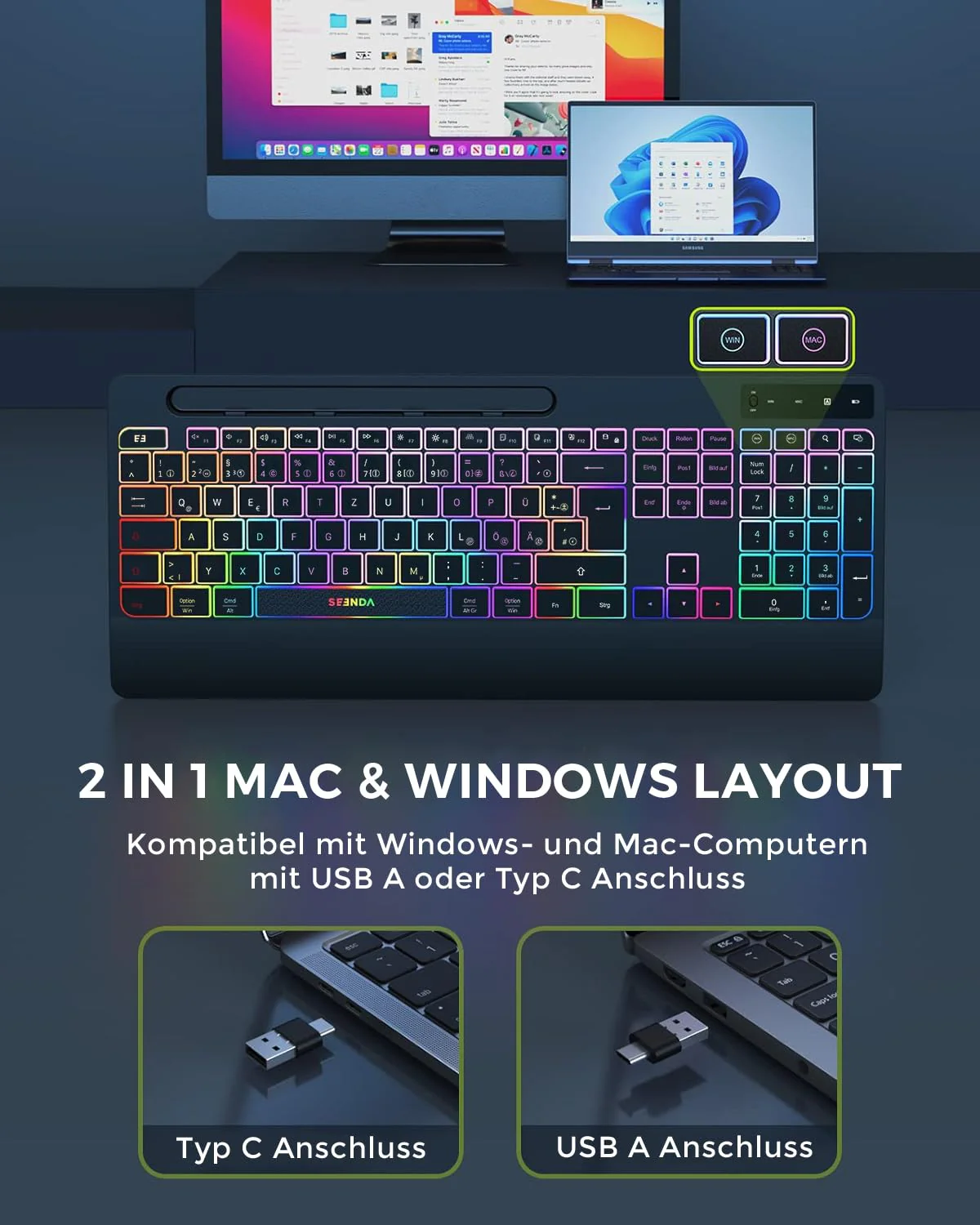 seenda Tastatur Maus Set kabellos beleuchtet, wiederaufladbare USB & Typ C Funktastatur mit Maus mit Handyhalter und Handballenauflage für PC/Windows/Mac, leise Klicken & QWERTZ Layout, Schwarz - Image 6