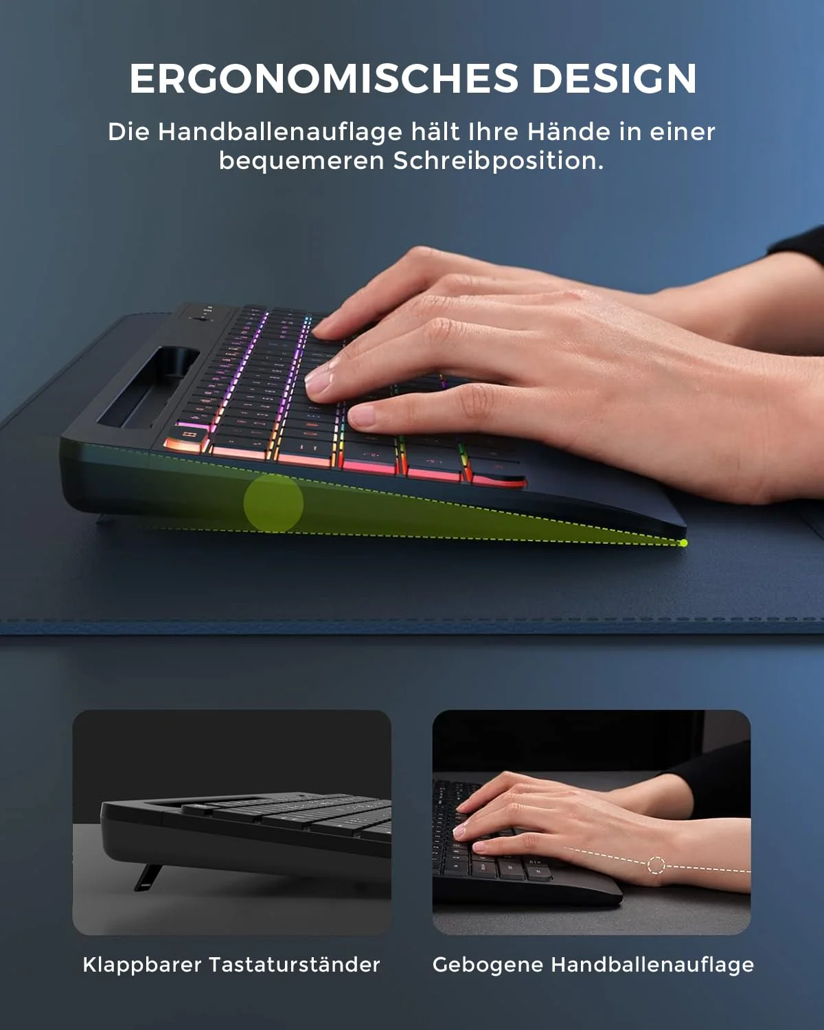 seenda Tastatur Maus Set kabellos beleuchtet, wiederaufladbare USB & Typ C Funktastatur mit Maus mit Handyhalter und Handballenauflage für PC/Windows/Mac, leise Klicken & QWERTZ Layout, Schwarz - Image 8