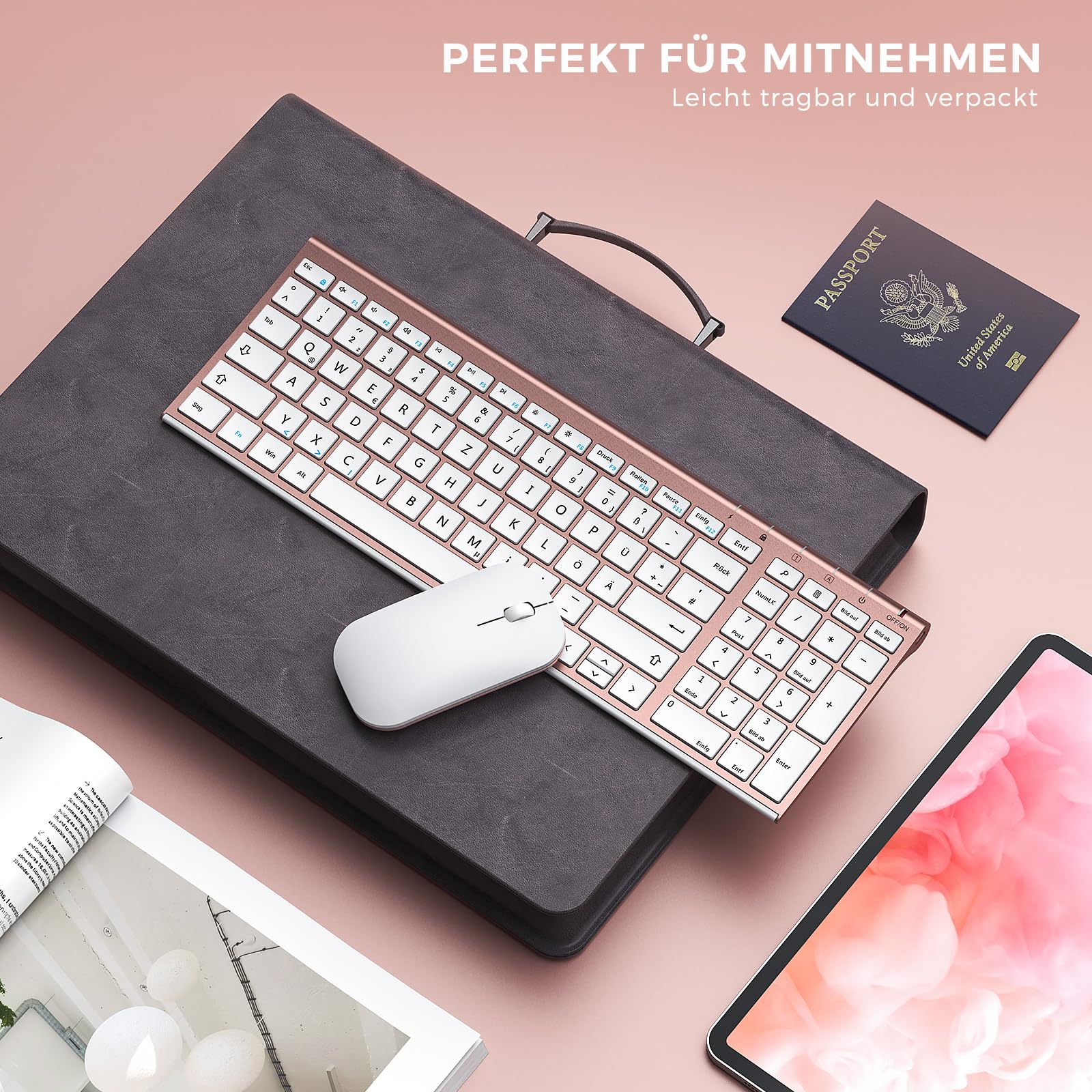 seenda Tastatur Maus Set Kabellos, Wiederaufladbare Aluminium Tastatur mit kompaktes Design, Ultradünne und Leise Funktastatur mit Maus für PC/Laptop/Smart TV, 1200 DPI, QWERTZ Layout, Weiß&Rosagold - Image 3
