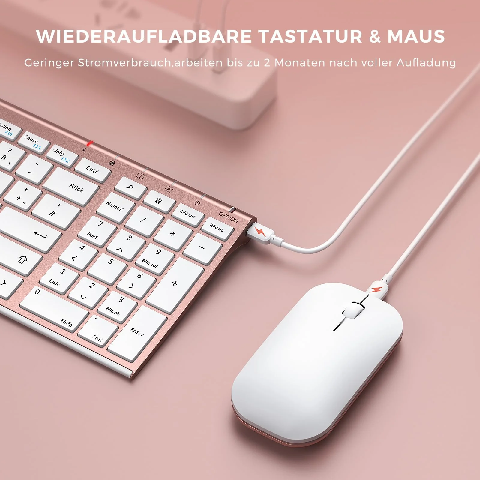 seenda Tastatur Maus Set Kabellos, Wiederaufladbare Aluminium Tastatur mit kompaktes Design, Ultradünne und Leise Funktastatur mit Maus für PC/Laptop/Smart TV, 1200 DPI, QWERTZ Layout, Weiß&Rosagold - Image 4
