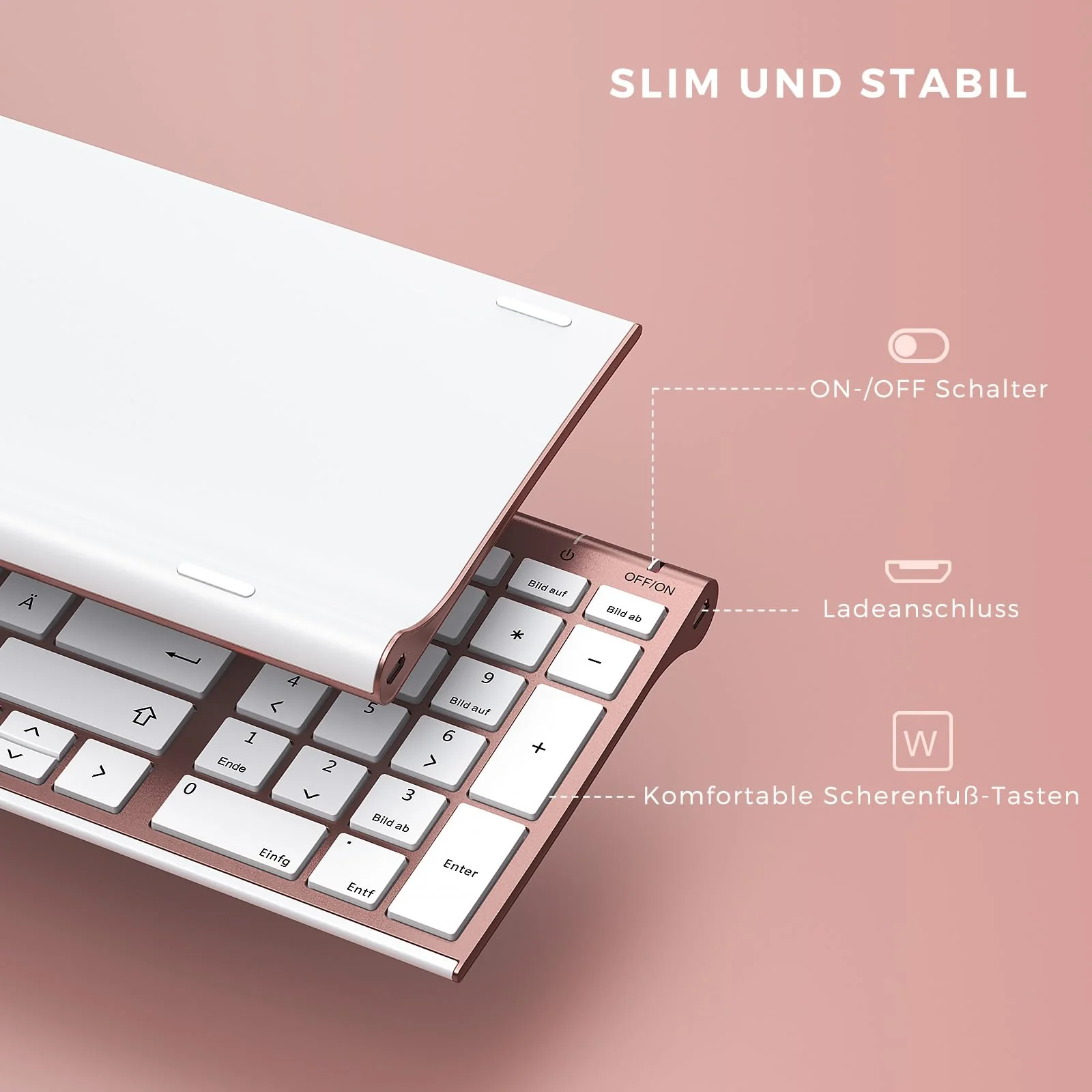 seenda Tastatur Maus Set Kabellos, Wiederaufladbare Aluminium Tastatur mit kompaktes Design, Ultradünne und Leise Funktastatur mit Maus für PC/Laptop/Smart TV, 1200 DPI, QWERTZ Layout, Weiß&Rosagold - Image 5