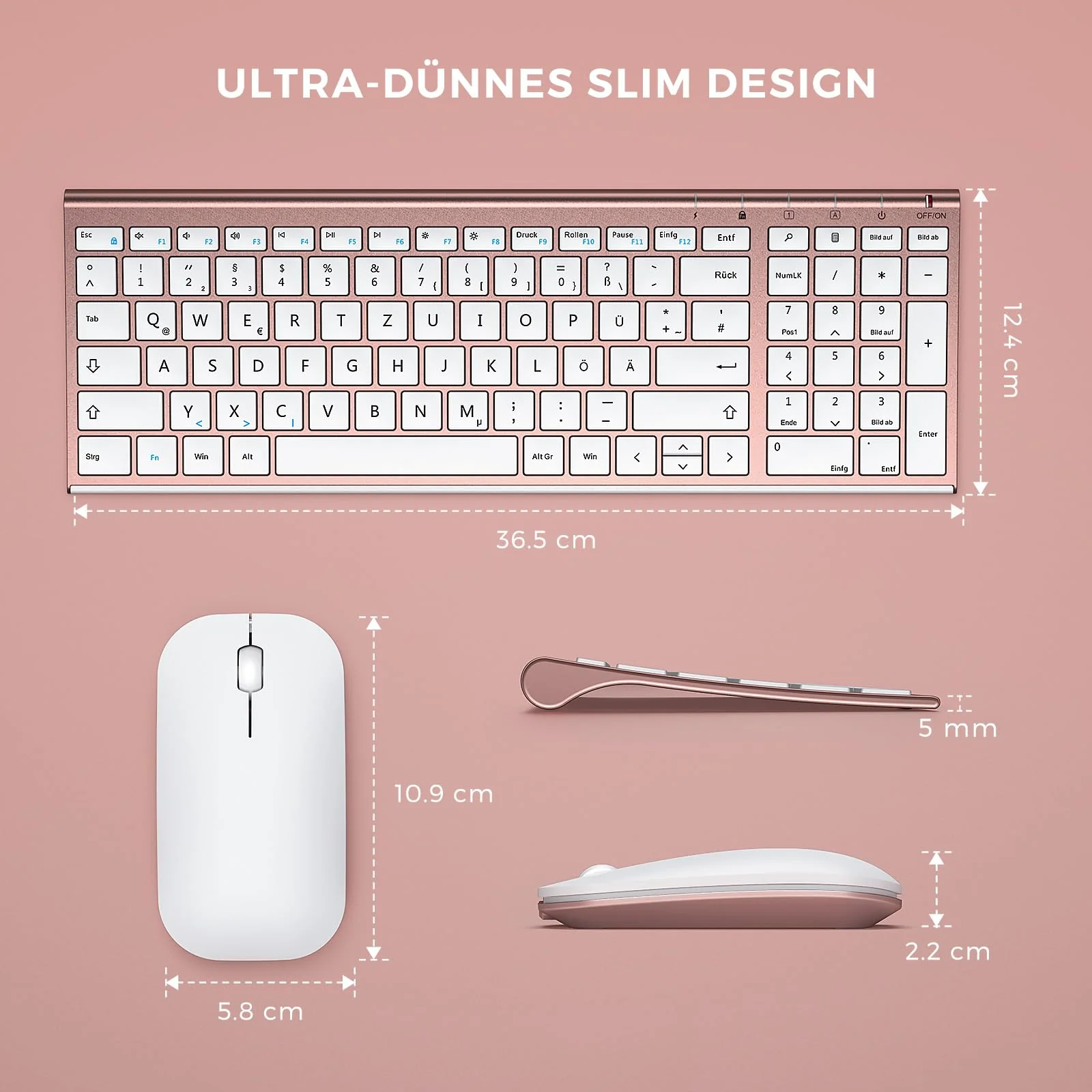 seenda Tastatur Maus Set Kabellos, Wiederaufladbare Aluminium Tastatur mit kompaktes Design, Ultradünne und Leise Funktastatur mit Maus für PC/Laptop/Smart TV, 1200 DPI, QWERTZ Layout, Weiß&Rosagold - Image 6