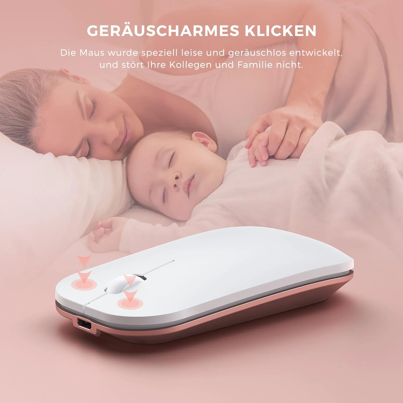 seenda Tastatur Maus Set Kabellos, Wiederaufladbare Aluminium Tastatur mit kompaktes Design, Ultradünne und Leise Funktastatur mit Maus für PC/Laptop/Smart TV, 1200 DPI, QWERTZ Layout, Weiß&Rosagold - Image 7