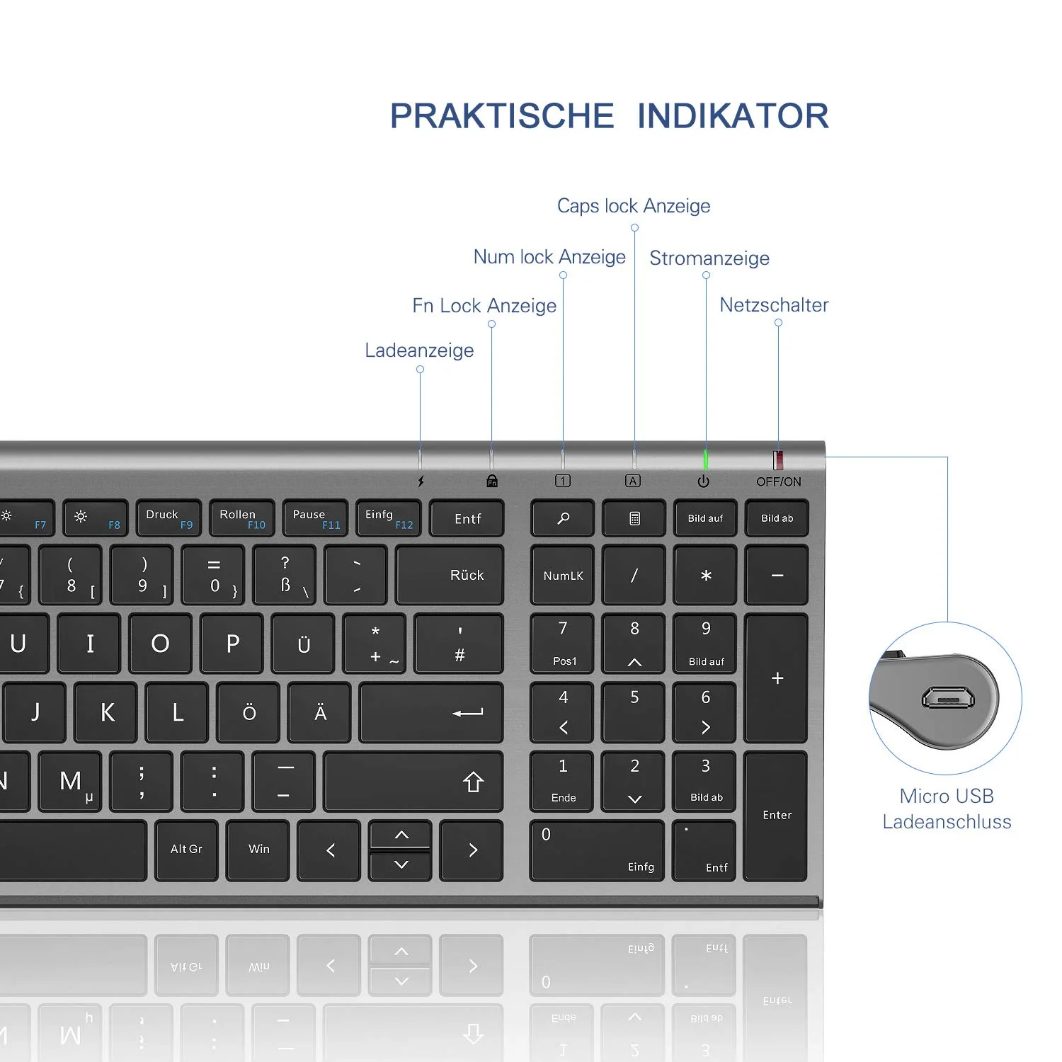 seenda Tastatur Maus Set Kabellos, Wiederaufladbare Kleine Funktastatur mit Maus, Leise Tastatur mit Aluminiumgehäuse für PC/Laptop/Smart TV, QWERTZ Layout, Grau - Image 2