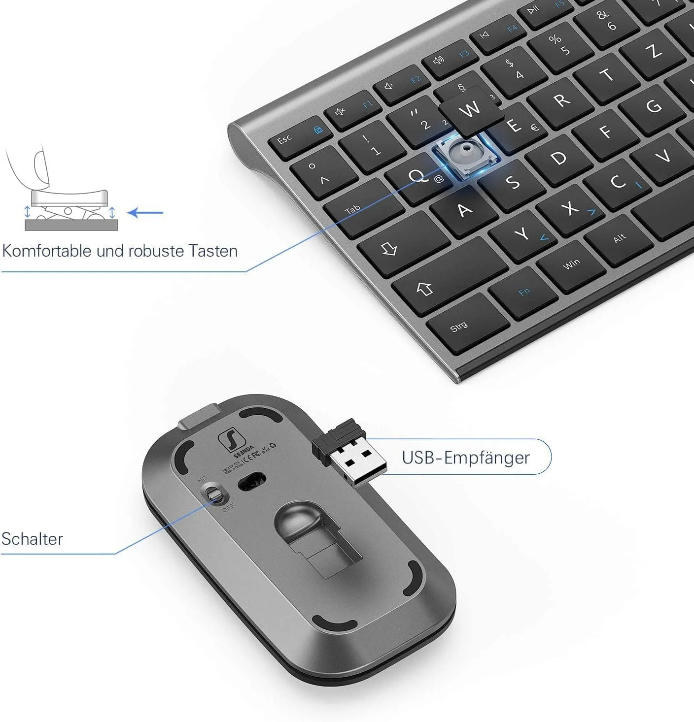 seenda Tastatur Maus Set Kabellos, Wiederaufladbare Kleine Funktastatur mit Maus, Leise Tastatur mit Aluminiumgehäuse für PC/Laptop/Smart TV, QWERTZ Layout, Grau - Image 3