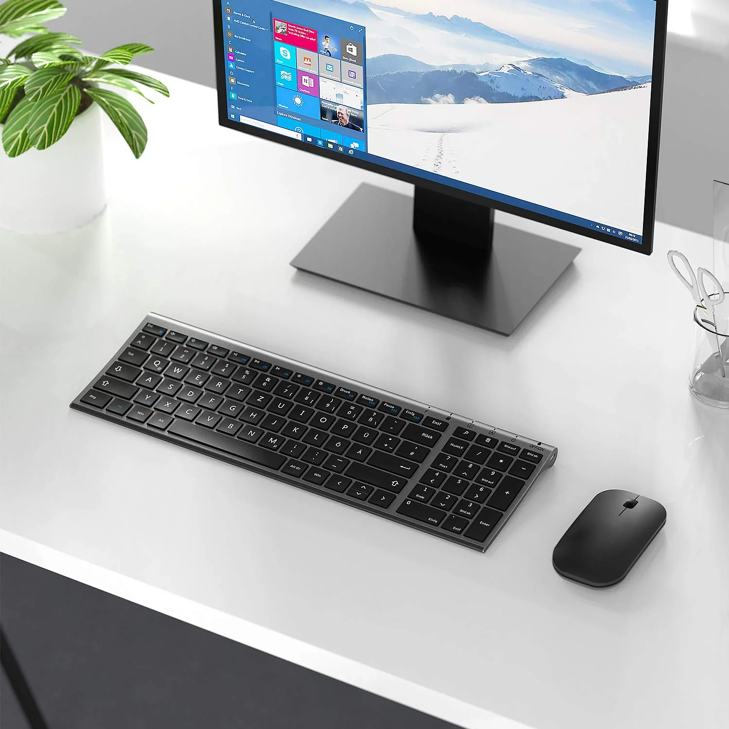 seenda Tastatur Maus Set Kabellos, Wiederaufladbare Kleine Funktastatur mit Maus, Leise Tastatur mit Aluminiumgehäuse für PC/Laptop/Smart TV, QWERTZ Layout, Grau - Image 5