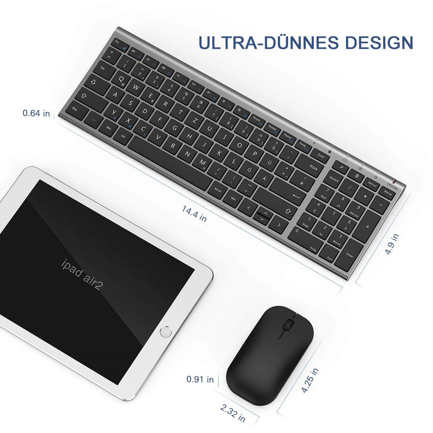 seenda Tastatur Maus Set Kabellos, Wiederaufladbare Kleine Funktastatur mit Maus, Leise Tastatur mit Aluminiumgehäuse für PC/Laptop/Smart TV, QWERTZ Layout, Grau - Image 6
