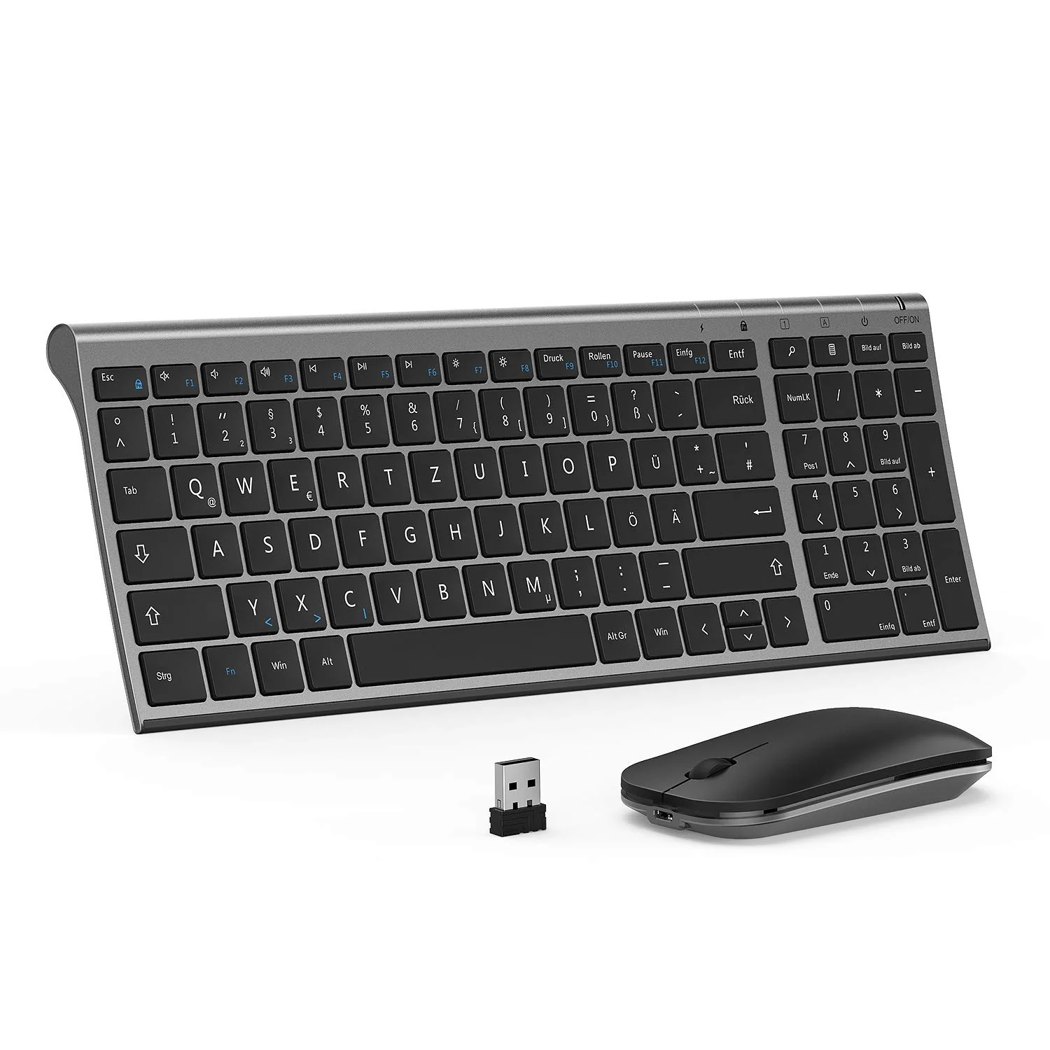 seenda Tastatur Maus Set Kabellos, Wiederaufladbare Kleine Funktastatur mit Maus, Leise Tastatur mit Aluminiumgehäuse für PC/Laptop/Smart TV, QWERTZ Layout, Grau - Image 7