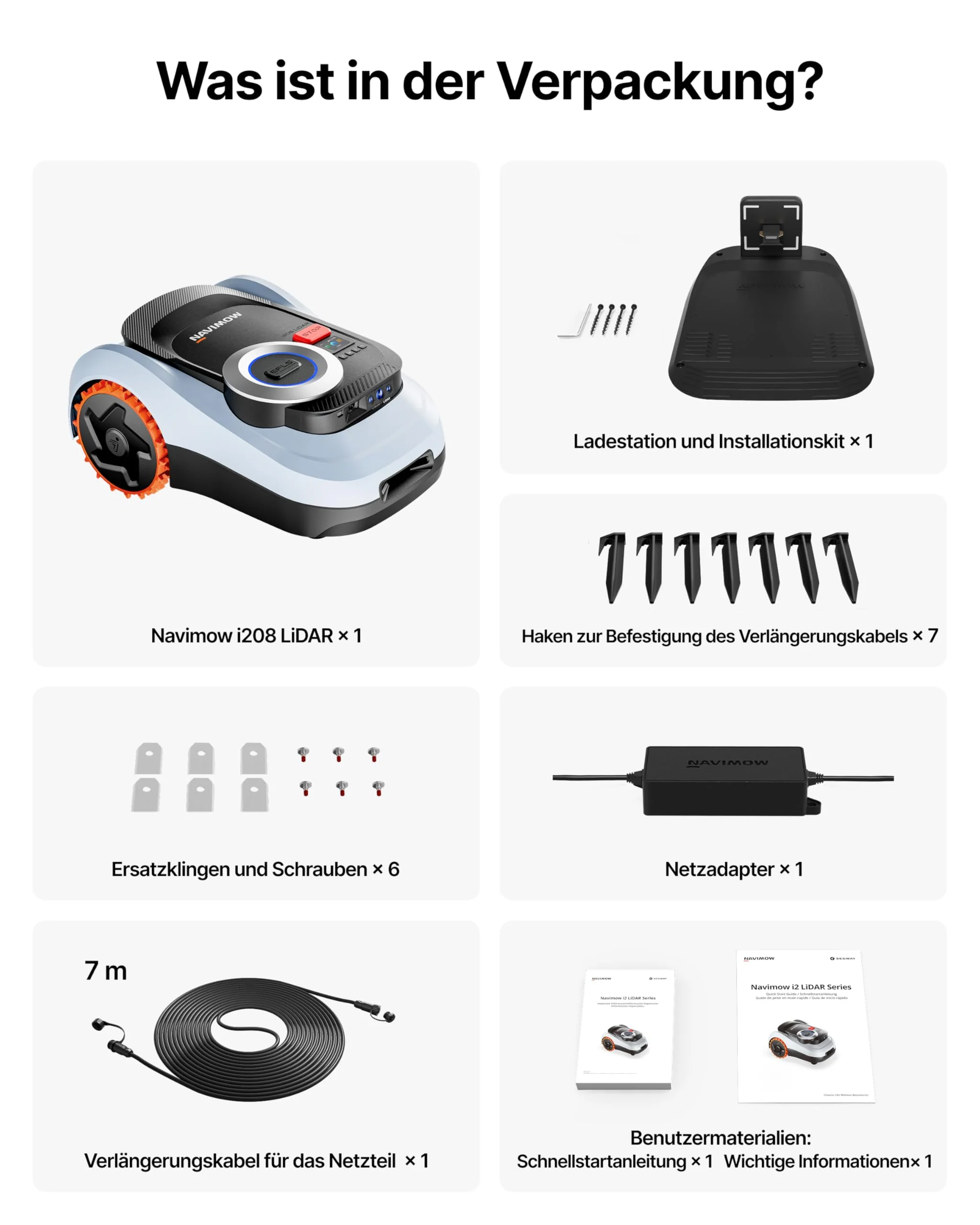 Segway Navimow i208 LiDAR Mähroboter ohne Begrenzungskabel für 800 m² mit Garage M + 2 Sätze Klingen, für 45% Steigung, LiDAR und Vision Dual System, EIN-TIPP-Kartieren (Getrennt versandt Werden)